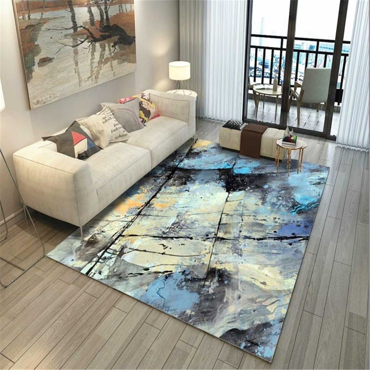 Tapis de sol enfant duveteux peint jaune et bleu personnalisable
