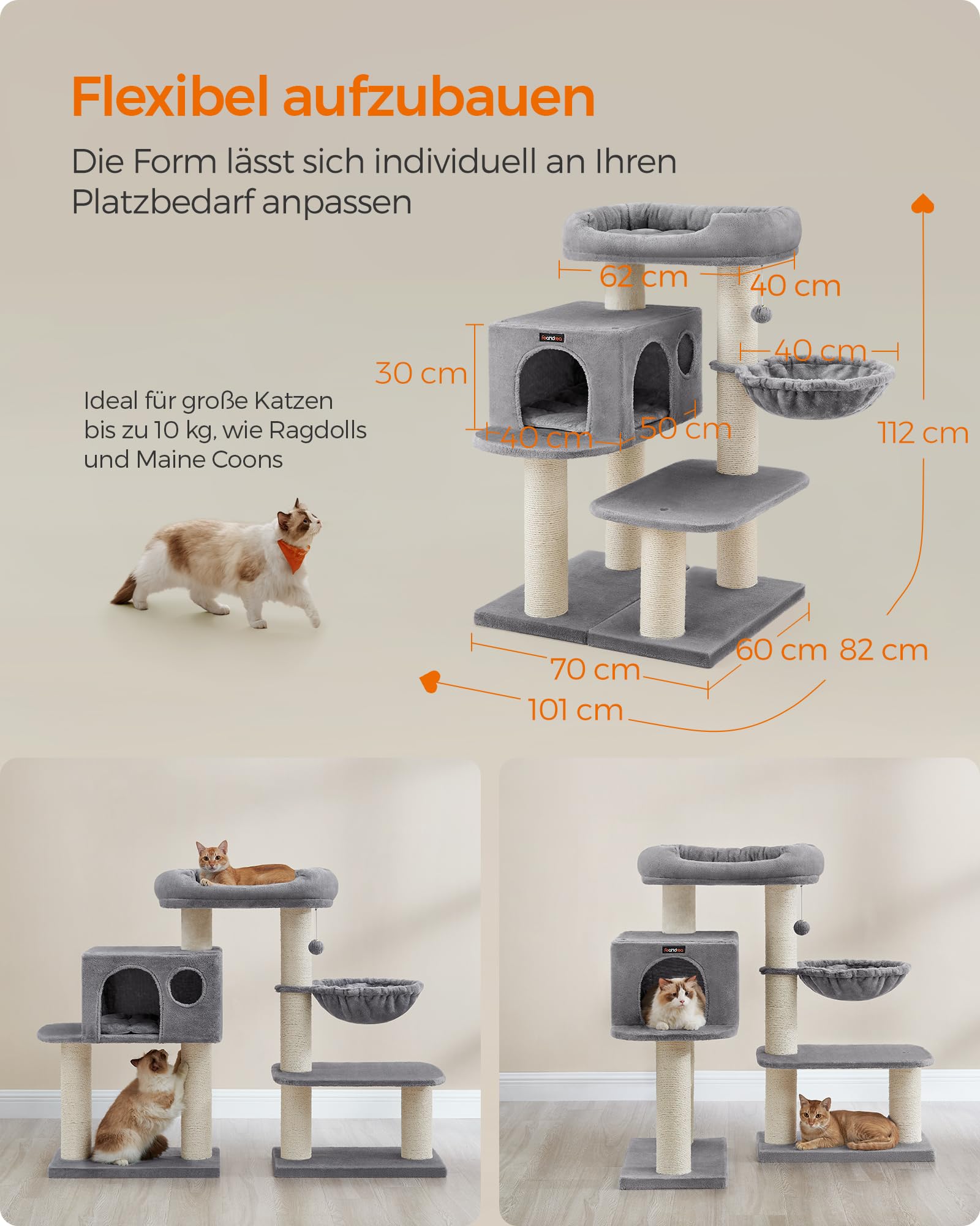 Feandrea Kratzbaum für große Katzen, XXL, hochbelastbar, Katzenturm mit 6 extra dicken Kratzsäulen, große Plattform, Höhle, Korb, flexibel aufbauen, abnehmbare, waschbare Kissen, hellgrau PCT01W