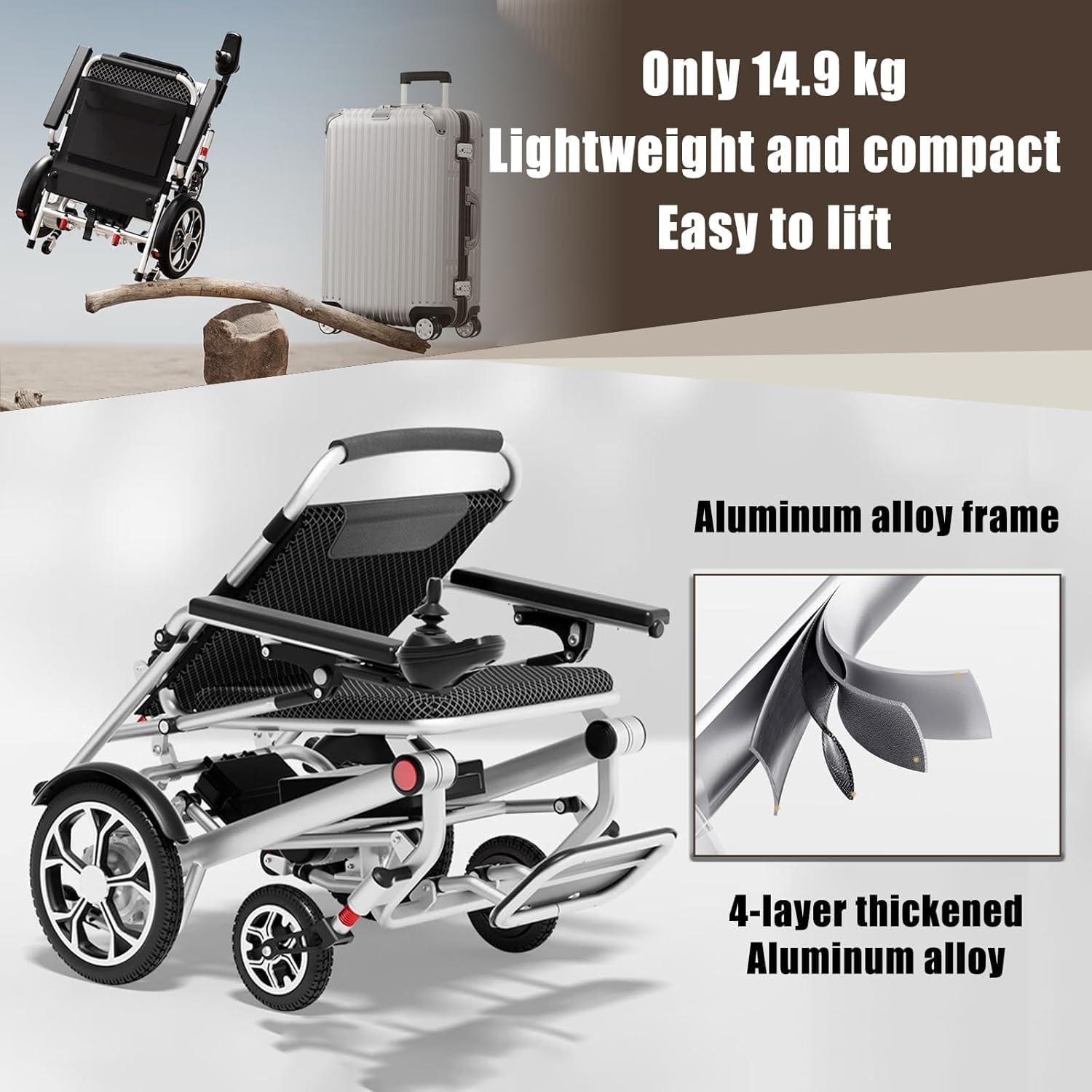 Silla de ruedas plegable eléctrica ultraligera, compacta y apta para aerolíneas, 15 kg, batería de litio de 6,6 A/12 A/20 A/30 A, soporta hasta 150 kg, ideal para viajes y uso diario,