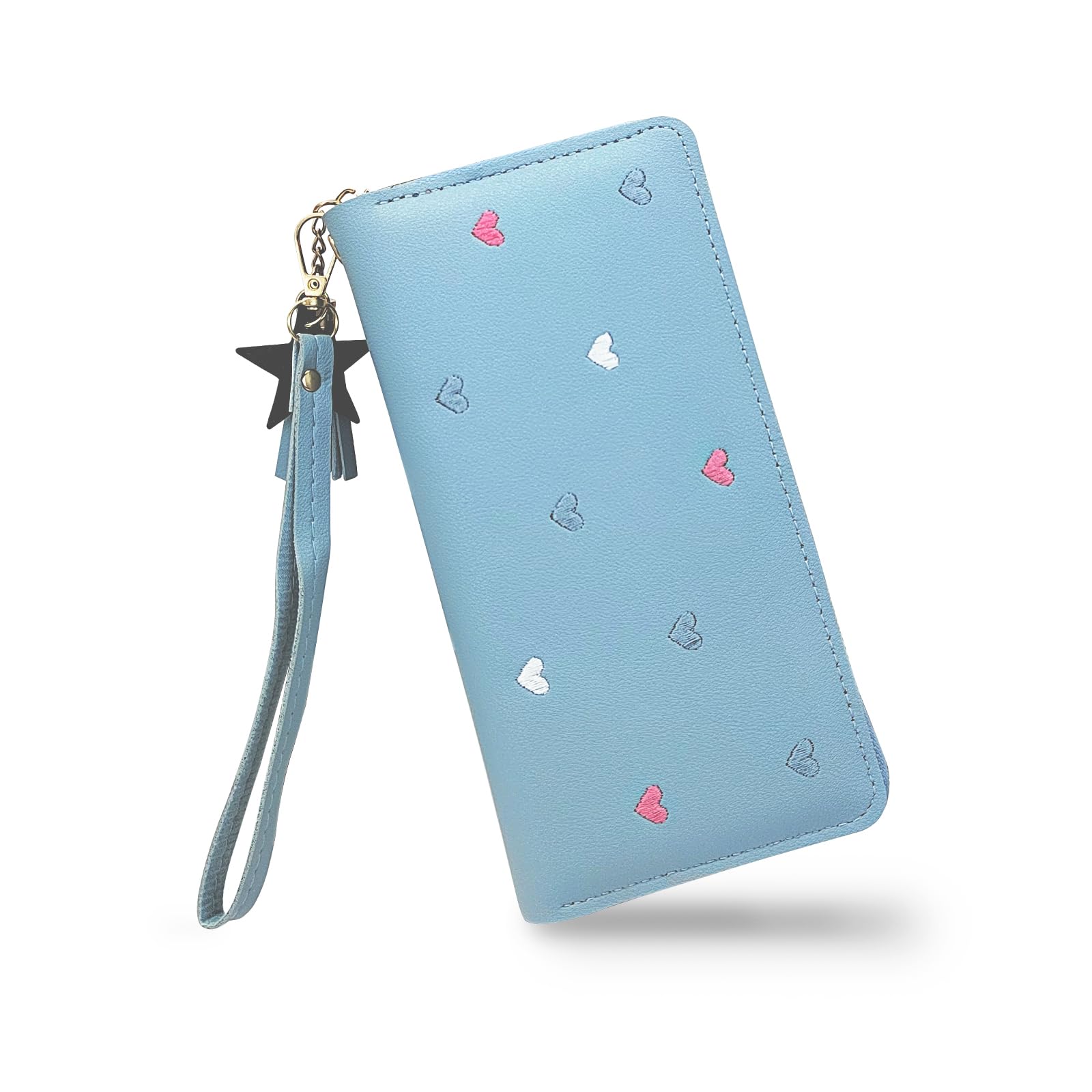 Women's PU Leather Wallet – Credit Card Holder With Heart Embroidery & Zipper, Star Pendant - View #8
