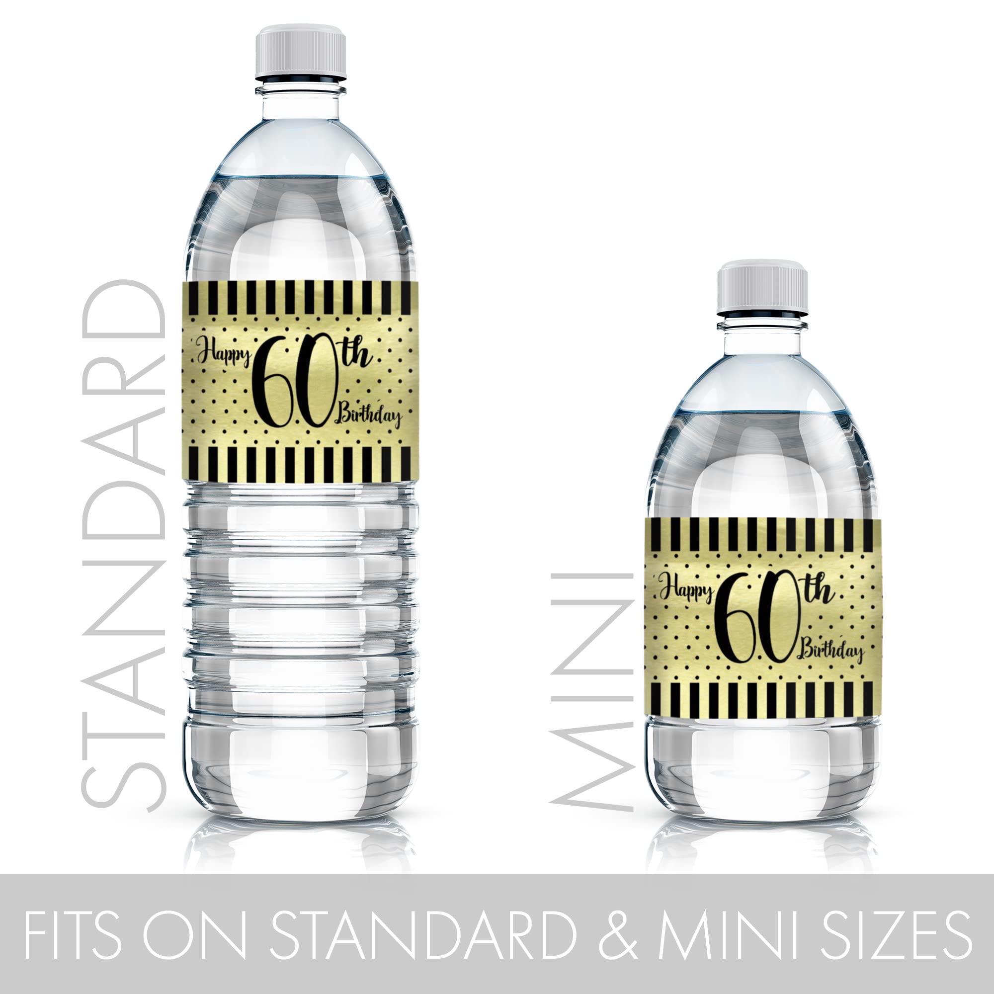 Black and Gold 60th Birthday Water Bottle Labels - Shiny Foil - 24 Stickers