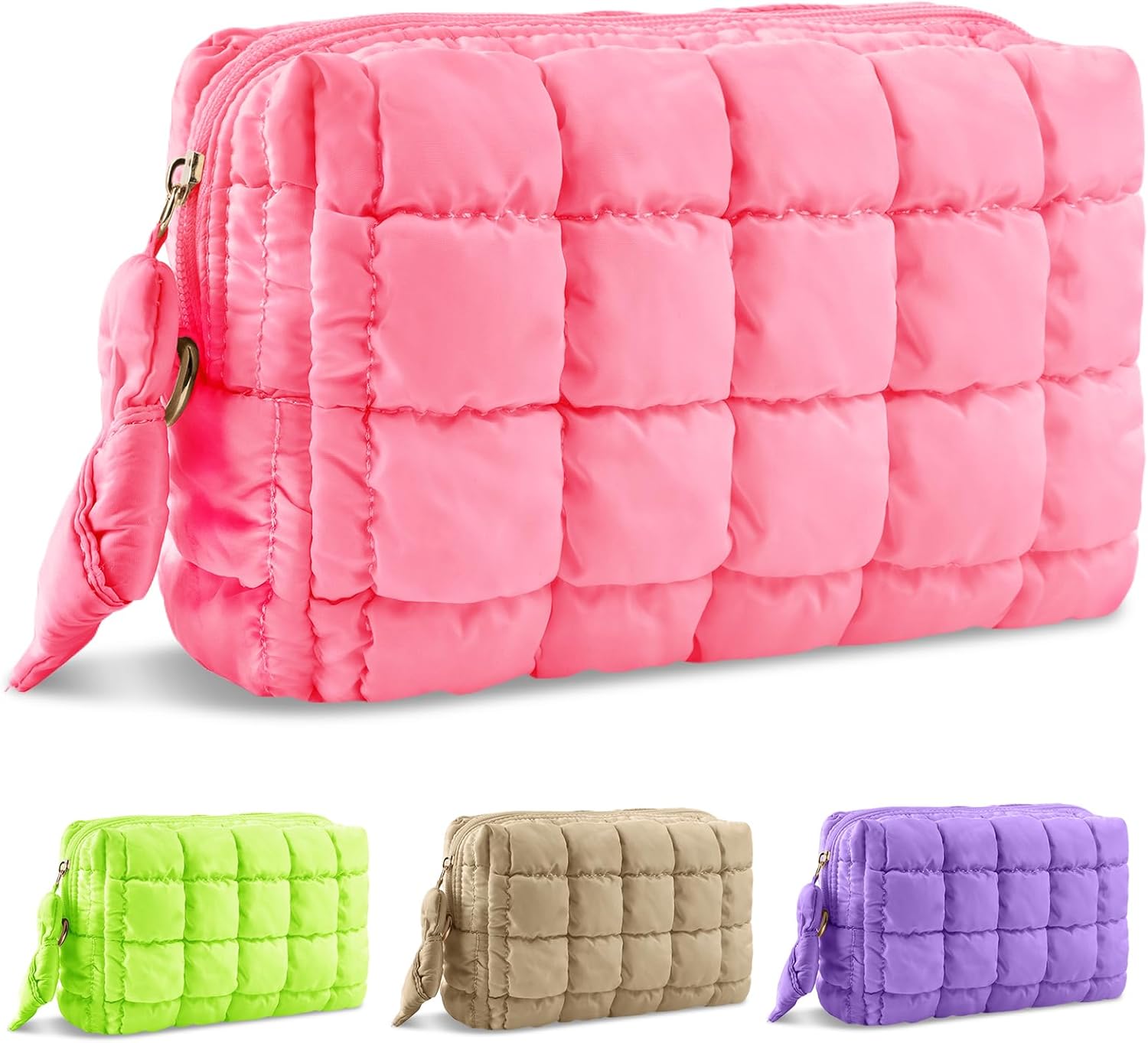 Puffer Quilted Makeup Bag Cosmetic Bags,Puffy Travel Toiletry Pouch for Women,Cute Checkered Zipper Bag Travel Essential,Portable Aesthetic Make up Organizer Bag for Gifts Work Daily(Pink,M)