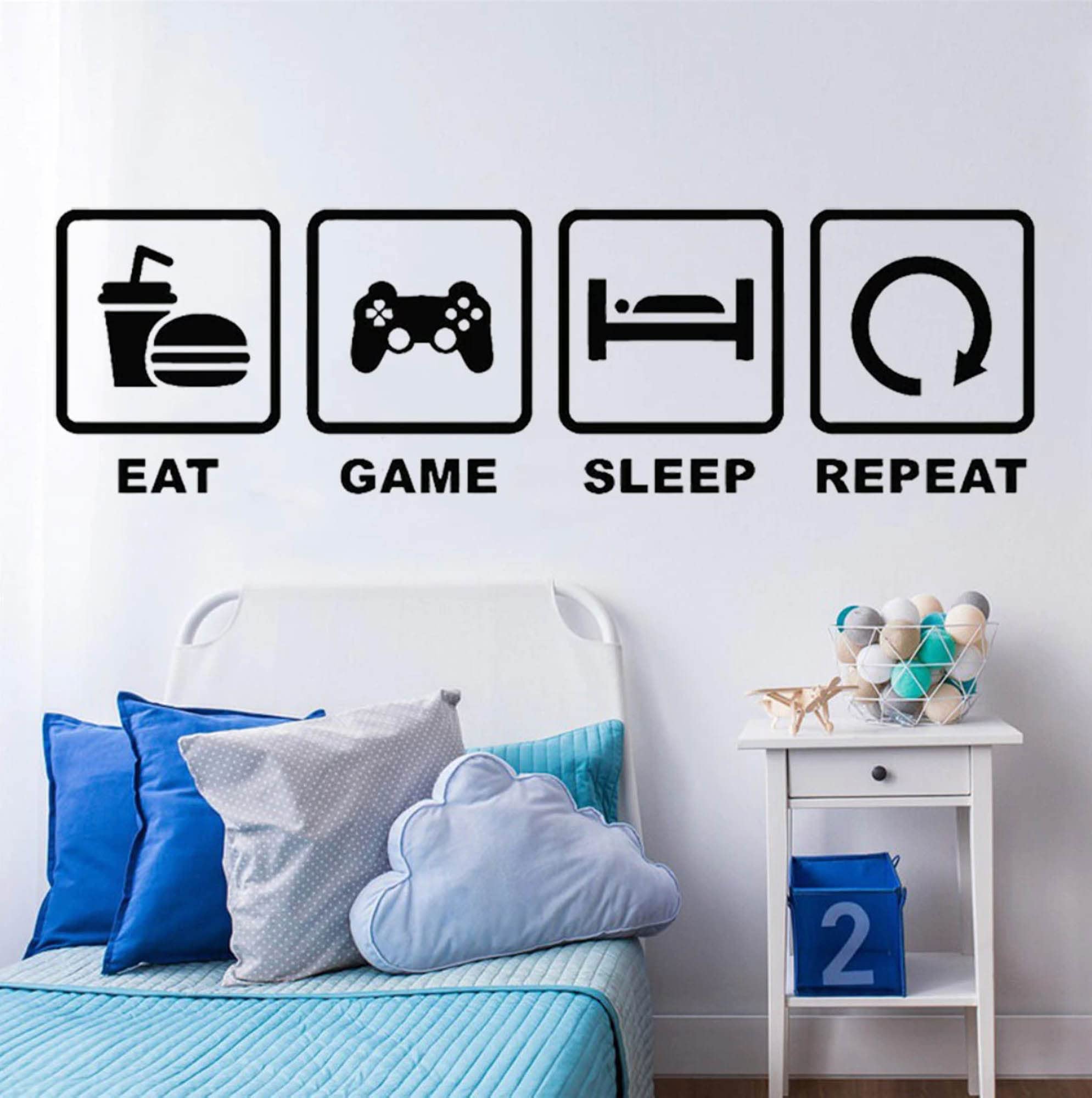 Artcraftuk Boys 4Pc Stickers Eat Sleep Game Repeat Play Wall Sticker Gaming Gamer Wall Decals Vinyl Art Room Decor Bedroom Sticker Removable Wall Poster