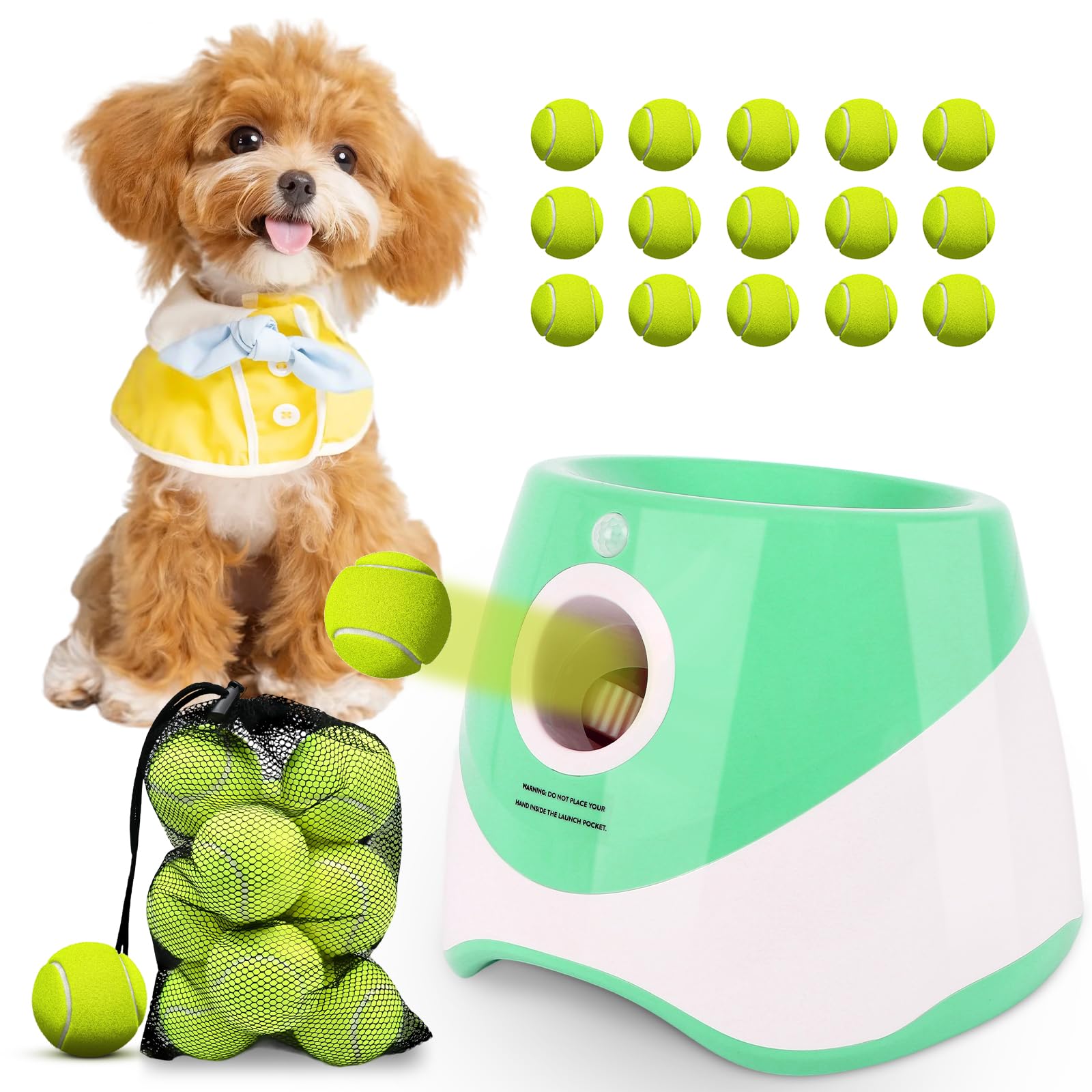 Automatic Ball Launcher for Dogs: 2" Mini Tennis Ball Thrower with 3 Distance Settings,Interactive Puppy Pet Ball Indoor Thrower Fetch Machine for Small to Medium Dogs,Green