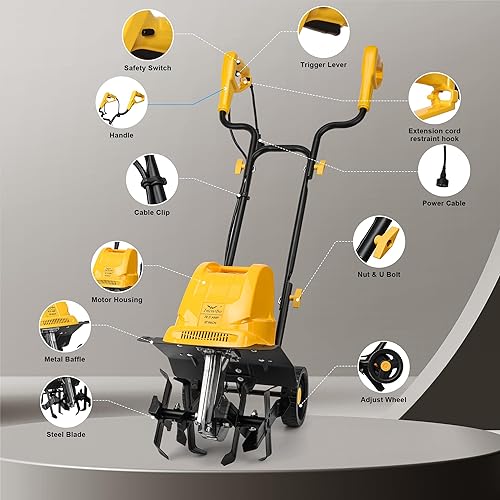 Miniatura 9 de Cultivadorcultivador eléctrico, 4 púas de acero, 8 pulgadas de profundidad de labranza para jardinería, 13.5 amperios y 12 pulgadas con cable