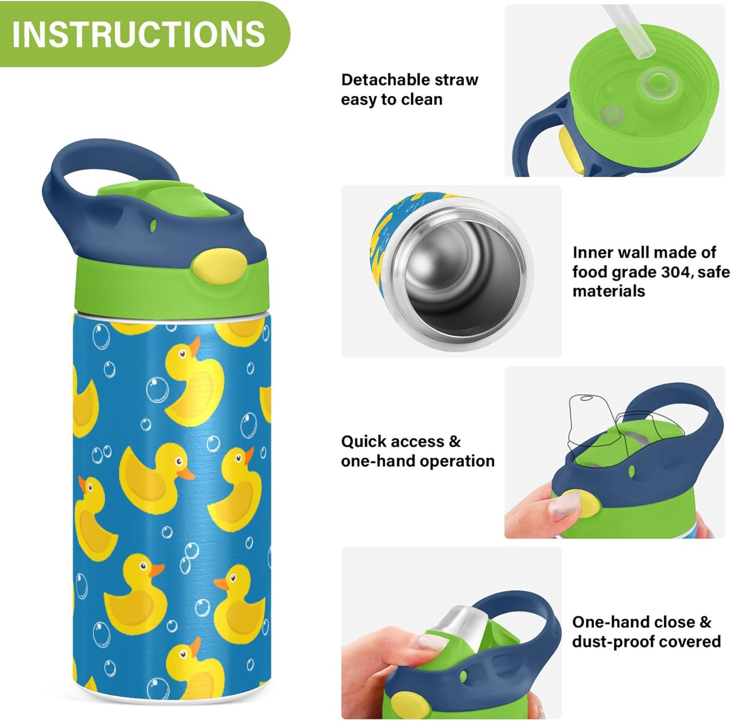 Yellow Duck Bath Bubble Kids Water Bottle with Straw and Carry Handle Blue School Vacuum Insulated Stainless Steel Sports Bottles Leak-Proof for Boys Girls Toddler 12 oz Green Lid - Image 5