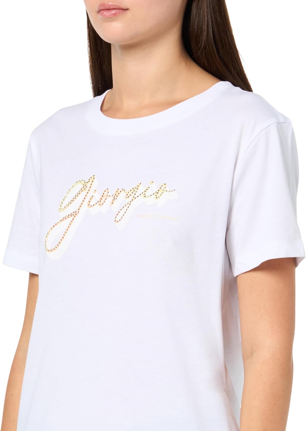 Armani Exchange Women's Crewneck Regular Fit Rhinestone Logo Tee, Optic White, XX-Large - Image 3