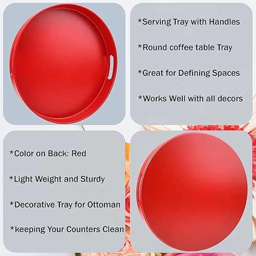 Miniatura 10 de Bandeja redonda blanca decorativa con asas, bandeja otomana versátil de 13 pulgadas para mesa de café, entretenimiento, patio al aire libre, sala de
