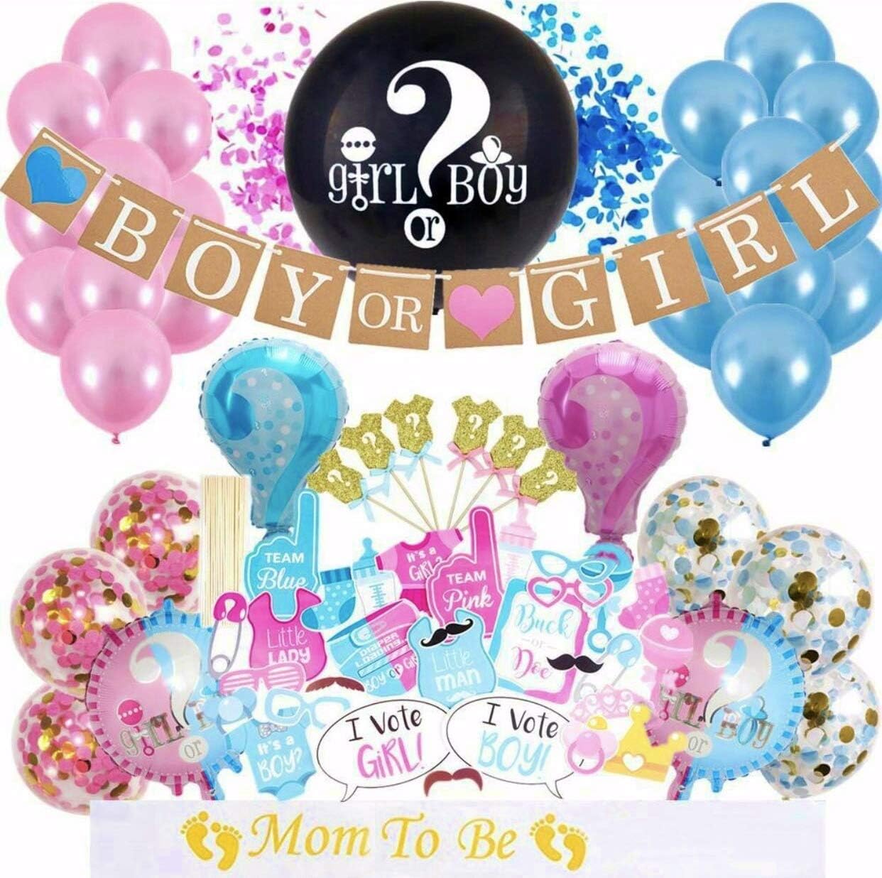 JINGCHEN Gender Reveal Party Supplies -Baby Shower Party Decorations - Boy & Girl Party Reveal Décor with Cake Toppers, Balloons and Confetti - Pink & Blue Complete Party Throwing Kit