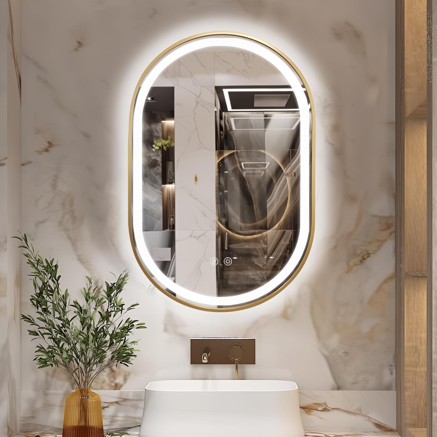 Niccy Oval LED Mirror for Bathroom, 36x24 Front Lit + Backlit Vanity Mirrors with Light Anti-Fog, Shatter-Proof, 3 Colors, Makeup Mirror with Gold Frame (Horizontal/Vertical) Gold 36"L x 24"W