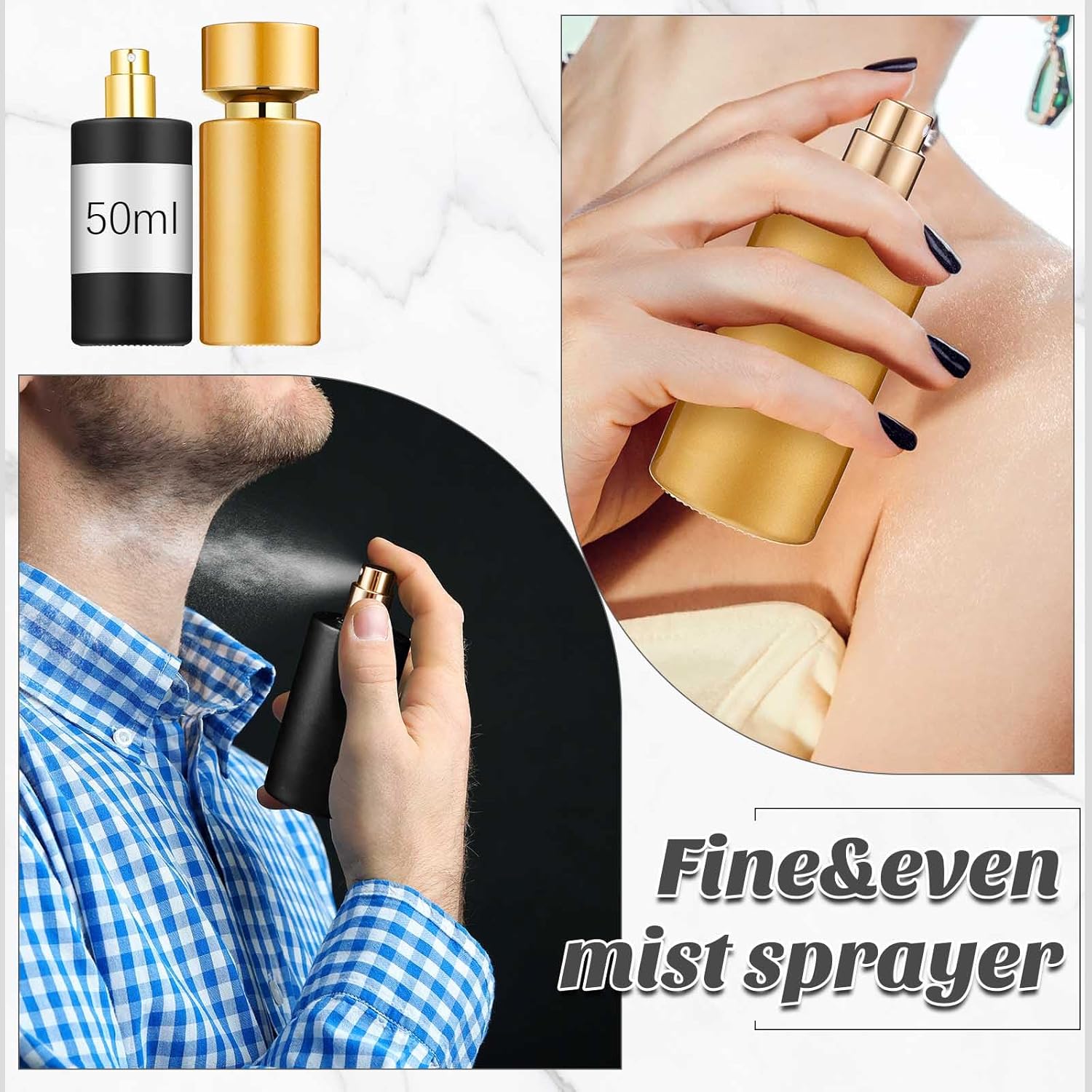 Teenyyou 6 Pack 50 ml Glass Perfume Bottles and Refill Tools Set, Travel Perfume Atomizer Spray Bottles, Portable Empty Refillable Atomizer Decanters with Dispenser Transfer Kit (Black,Gold)
