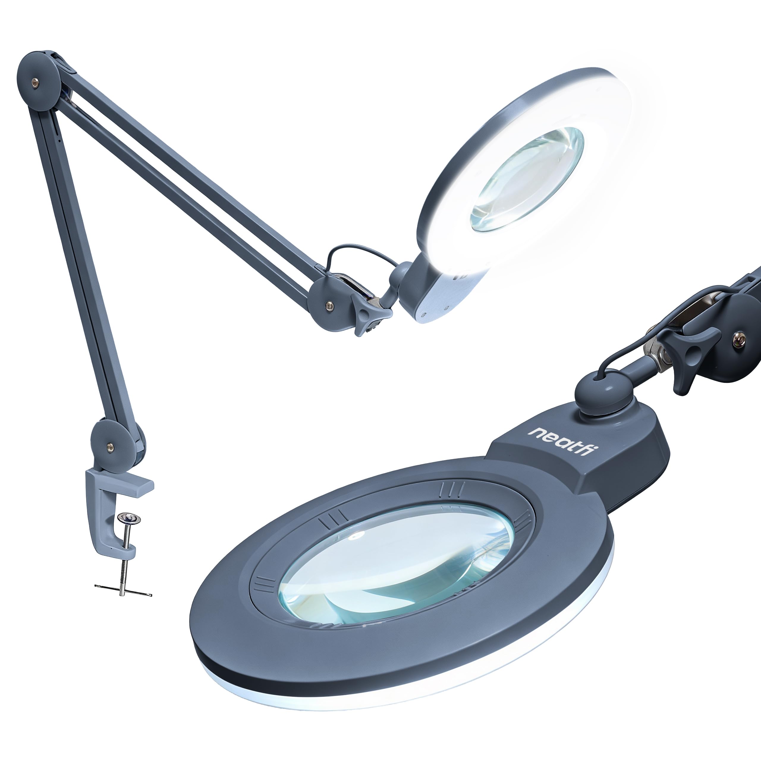 Neatfi XL LED Magnifying Lamp, Hands-Free, Dimmable, Crafts, Reading, Close Work (Gray, 7-inch Lens, Non-CCT with Clamp)