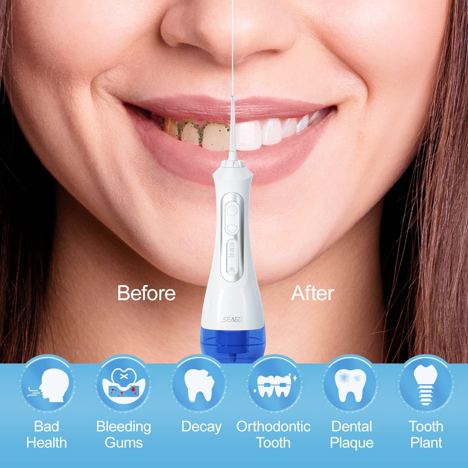 SEAGO Water Flosser Cordless, Portable Dental Oral Irrigator for Teeth, 5 Jet Tips, IPX7 Waterproof Powerful Battery Life Rechargeable Water Teeth Cleaner Picks for Home and Travel Oral Care(White) : Health & Household