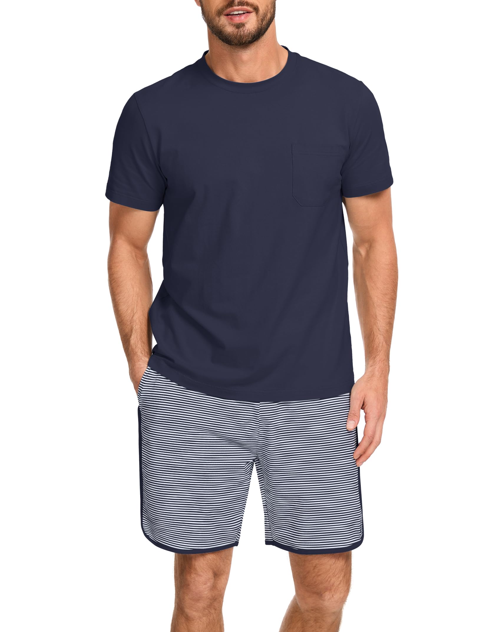 Atforna Schlafanzug Herren Kurz Streifen Pyjama Set Sommer Baumwolle Schlafanzüge für Männer Nachtwäsche Shorty Zweiteiler Pijamas