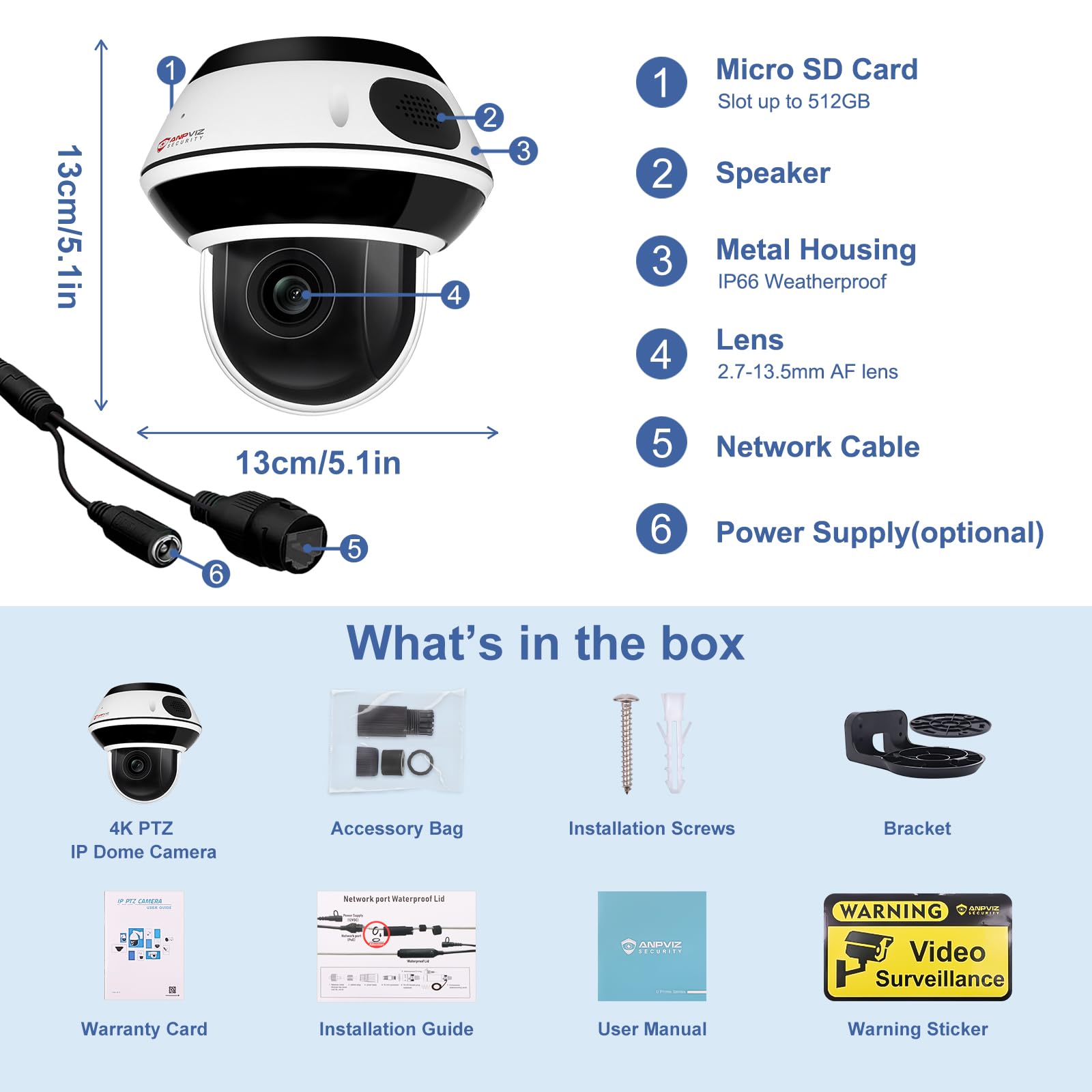 Anpviz 4K 8MP PTZ POE IP Kamera Outdoor, Dome Überwachungskamera Aussen | 5X Optischem Zoom, 1/2.8" Sensor, Personen/Autoerkennung, H 350° V 90°, 512GB SD Slot, 30 Meter IR Nachtsicht(U Series)
