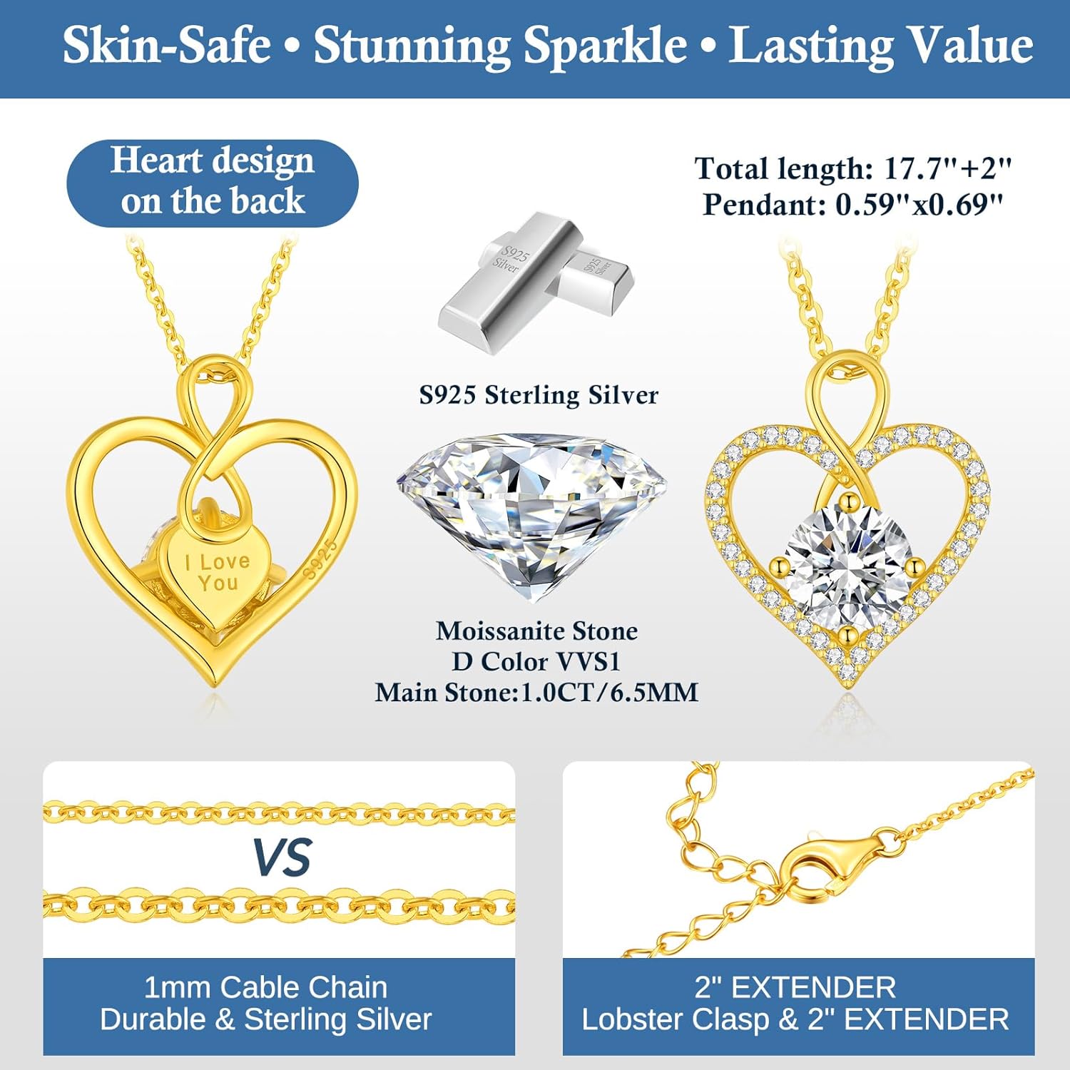 Seelove Moissanite Heart Infinity Pendant Necklace, 925 Sterling Silver 18K Gold Plated, Lab-Created Jewelry Gift for Women Her Mom Wife Girlfriend Daughter Anniversary Birthday Wedding - Image 6