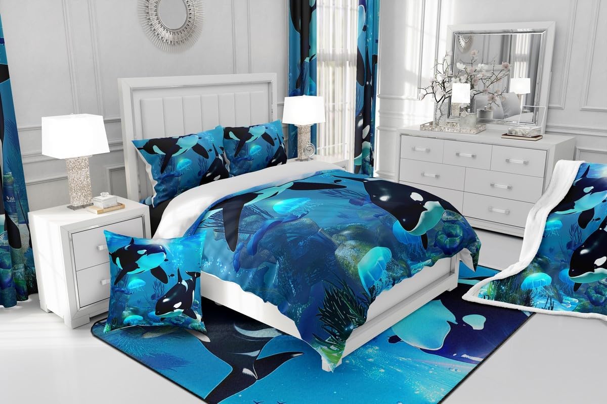 Teal Ocean Whale Comforter Cover Jellyfish Killer Whale Bedding Sets The Underwater World Duvet Cover Set Orcinus Orcas Deep Sea Animals Marine Life Bedspreads Cover With 2 Pillow Cases Queen Size