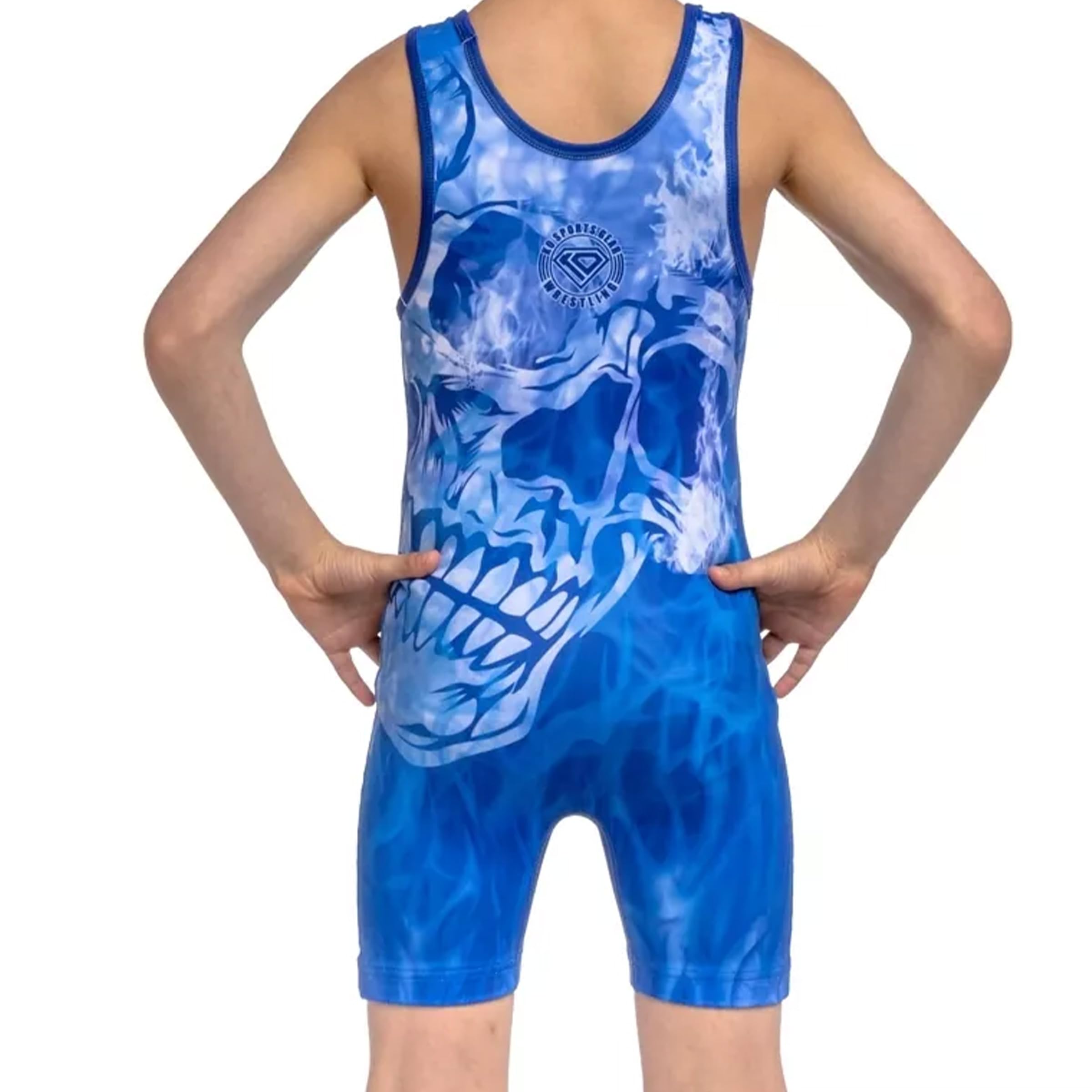 KO Sports Gear Wrestling Singlet Flaming Blue Skull