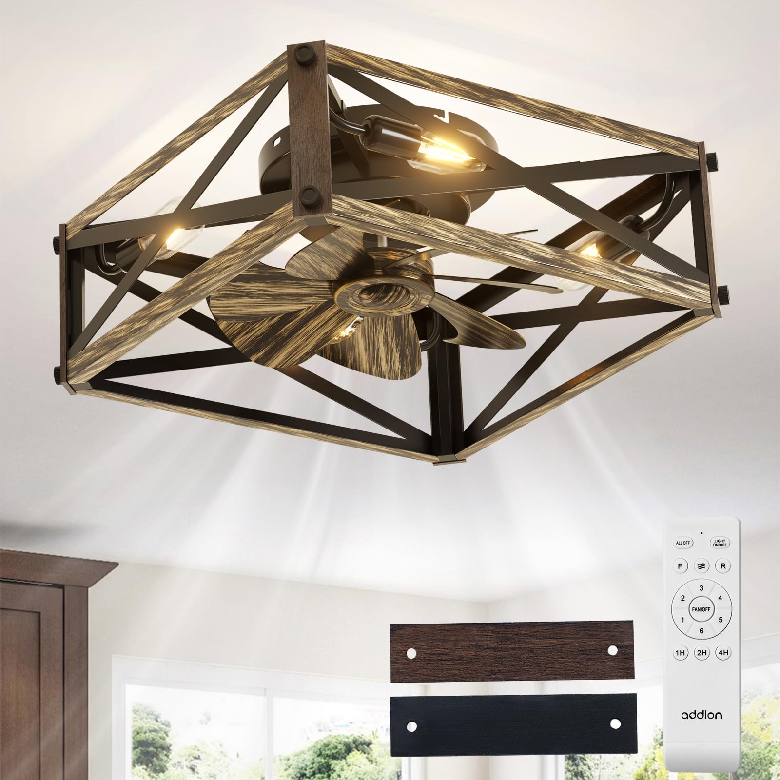 addlon Caged Low Profile Ceiling Fans with Lights and Remote, Small Farmhouse Flush Mount Fandelier, 6 Speeds Reversible Ceiling Fan with Rustic