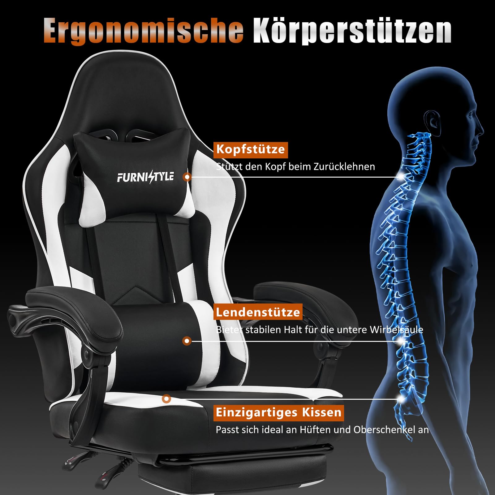 Hellove Chaise Gaming Ergonomique avec Repose-Pieds, Fauteuil de Bureau Réglable en Cuir PU, Support Lombaire, Accoudoirs Synchronisés, pour Adultes et Adolescents, Noir et Blanc