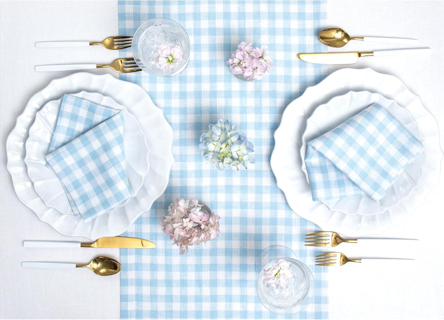 Solino Home Linen Gingham Table Runner 48 Inches - 100% Pure Linen Blue Bell Checkered Table Runner 14 x 48 Inch Ideal for Dresser and Coffee Tables - Spring, Summer, Mothers Day