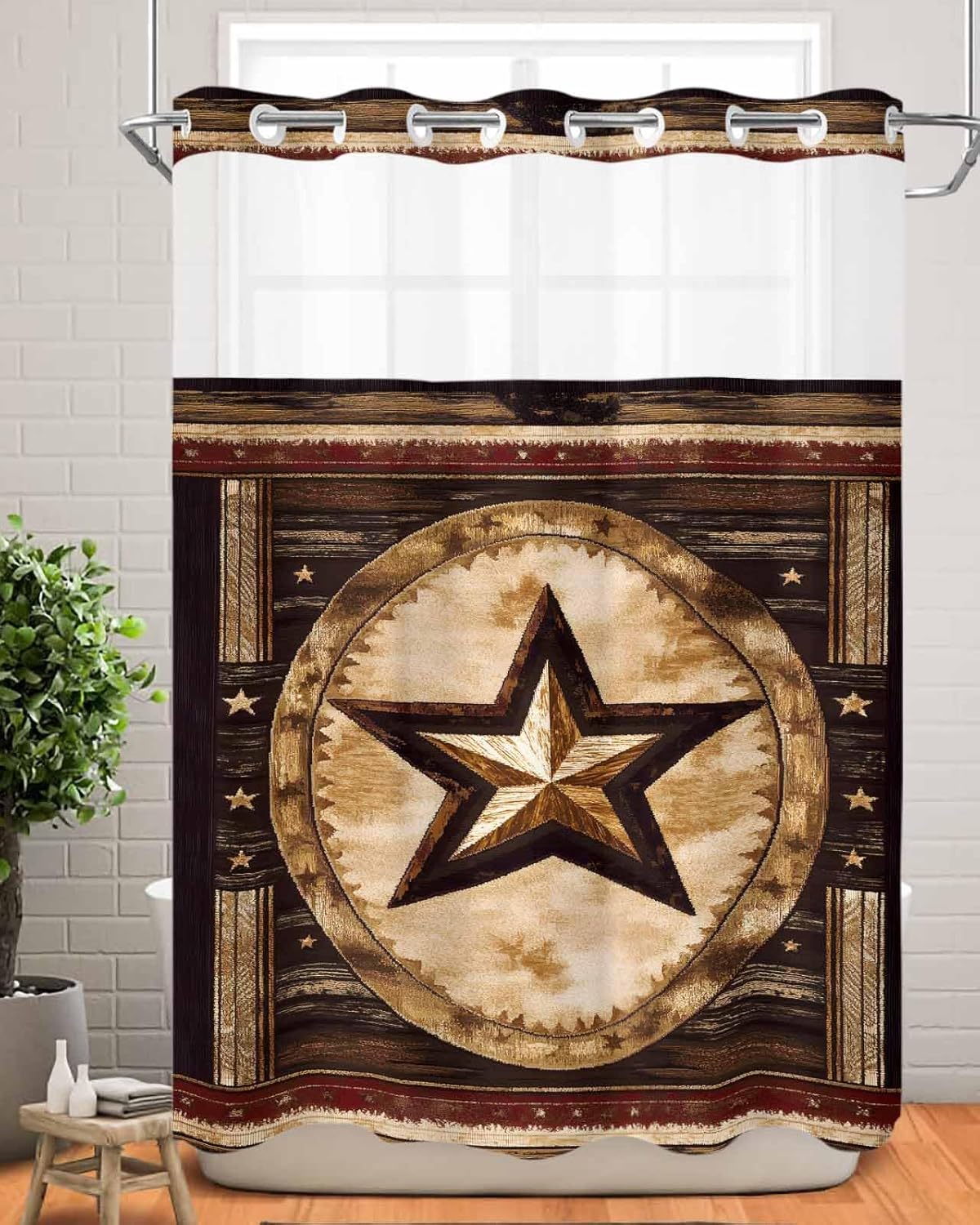BEMIGO Double Fabric Shower Curtain with Liner Retro Western Star No Hook Shower Curtain and Liner Set for Bathroom,Snap-in Waterproof Inner with See Through Window, 72x84, Independence Day