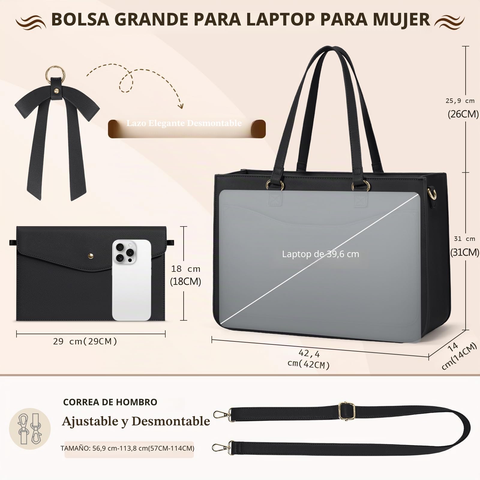 RAINSMORE Bolso Mujer Grande con Clutch Bolsos Universidad Bolso Ordenador Portatil 15.6 Pulgadas Bolsa Trabajo Bolsos Shopper Impermeable