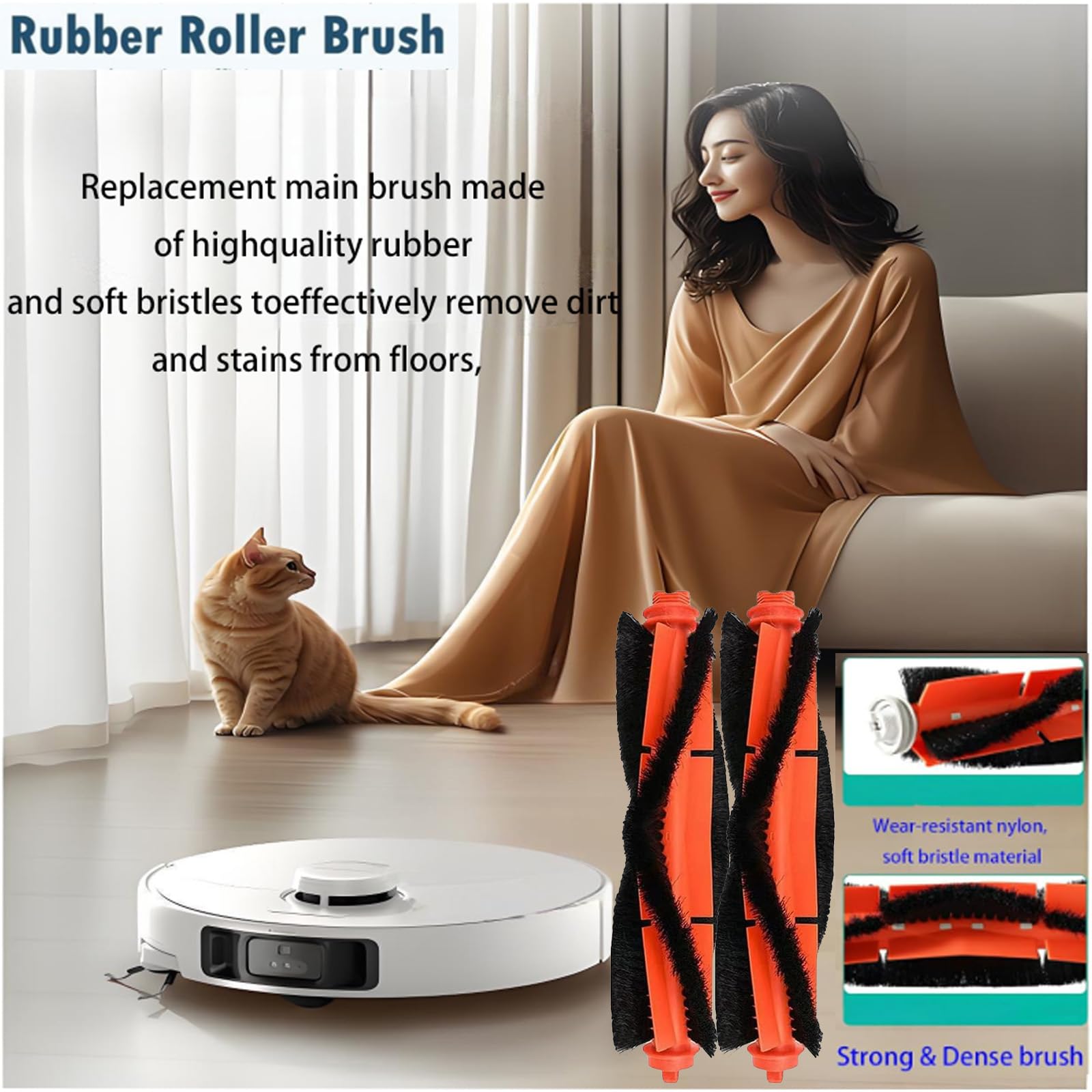 A close-up of the main brush roller, highlighting its orange ends and black bristles, with a background showing a robot vacuum in a room.