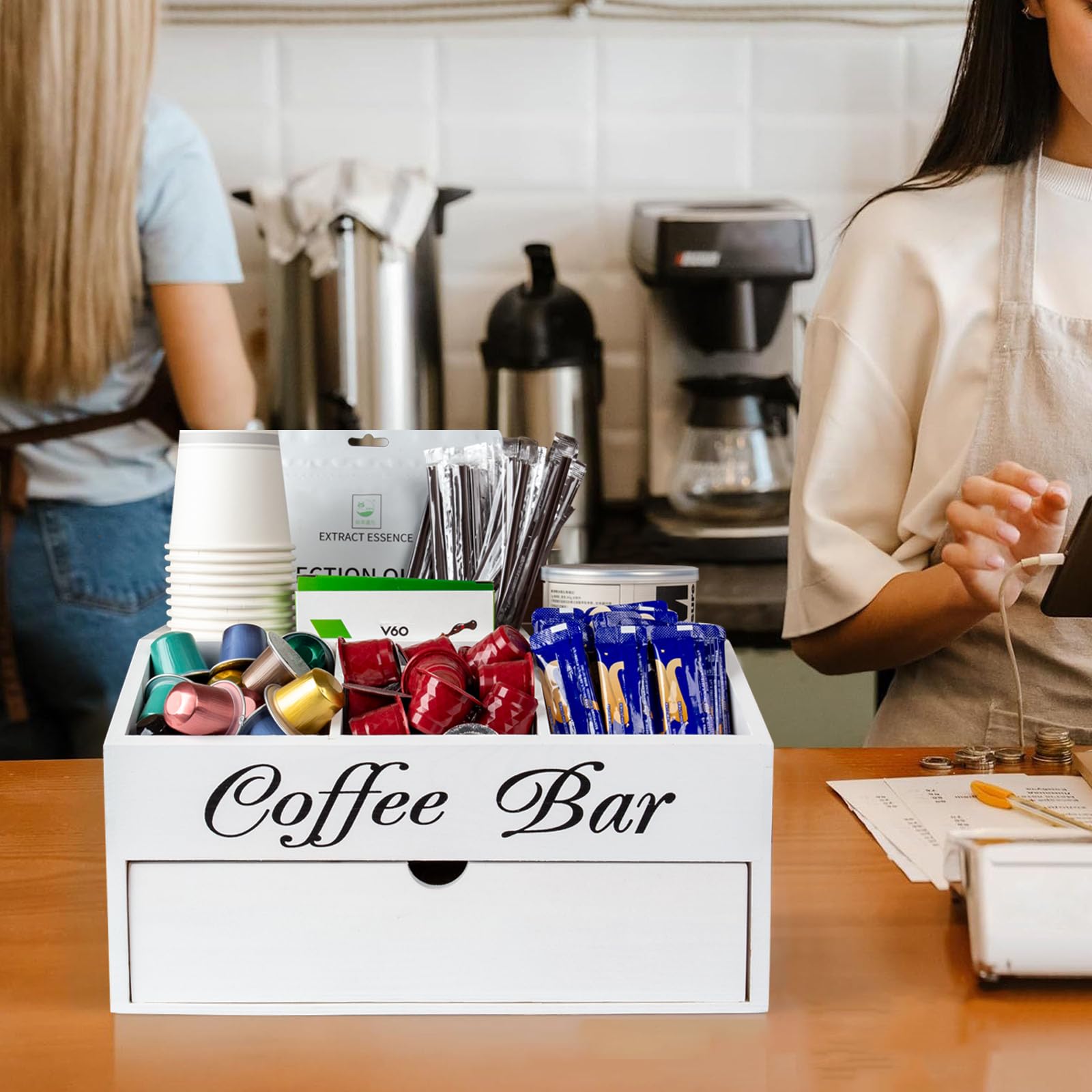 Organizador de Café y Té-Caja de Madera para Accesorios de Cafetera-Infusiones -Bandeja de Madera 1 Cajón para Infusiones, Azucarillos, Tazas, Cápsulas, Blanco