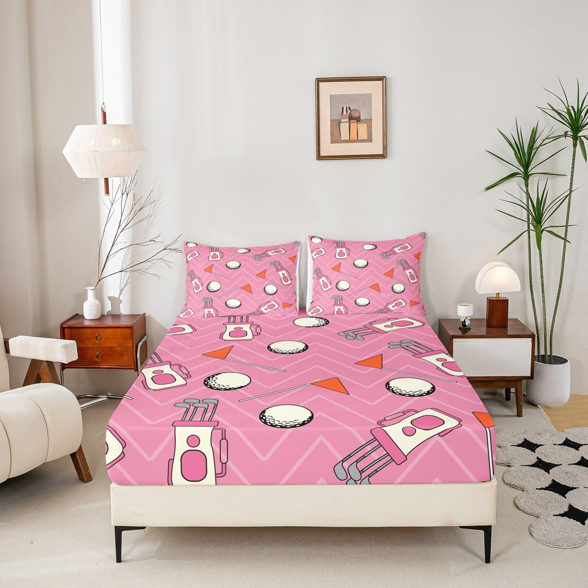Cartoon Golf Fitted Sheet Full Size Sports Equipment Bedding Set 3Pcs(No Flat Sheet) Golf Balls Gaming Bed Sheet for Boys Girls Teens Room Decor Pink Red White Deep Pocket Sheet