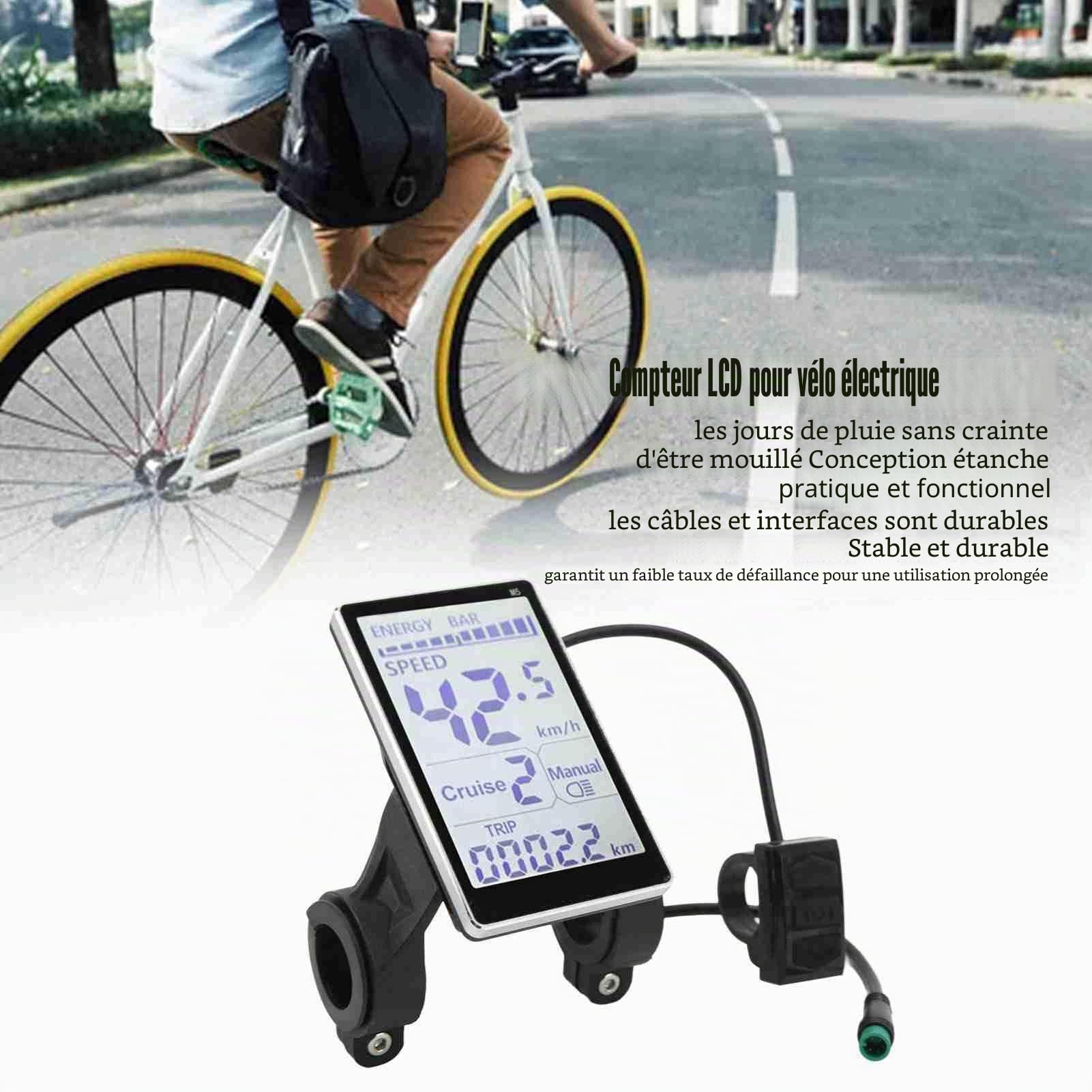 Sonew Compteur de Vitesse électrique pour vélo, 5 Broches, étanche, Ordinateur de vélo pour 24 V, 36 V, 48 V, 60 V, Compteur kilométrique avec Grand écran LCD pour Homme, Sports de Plein air Argenté