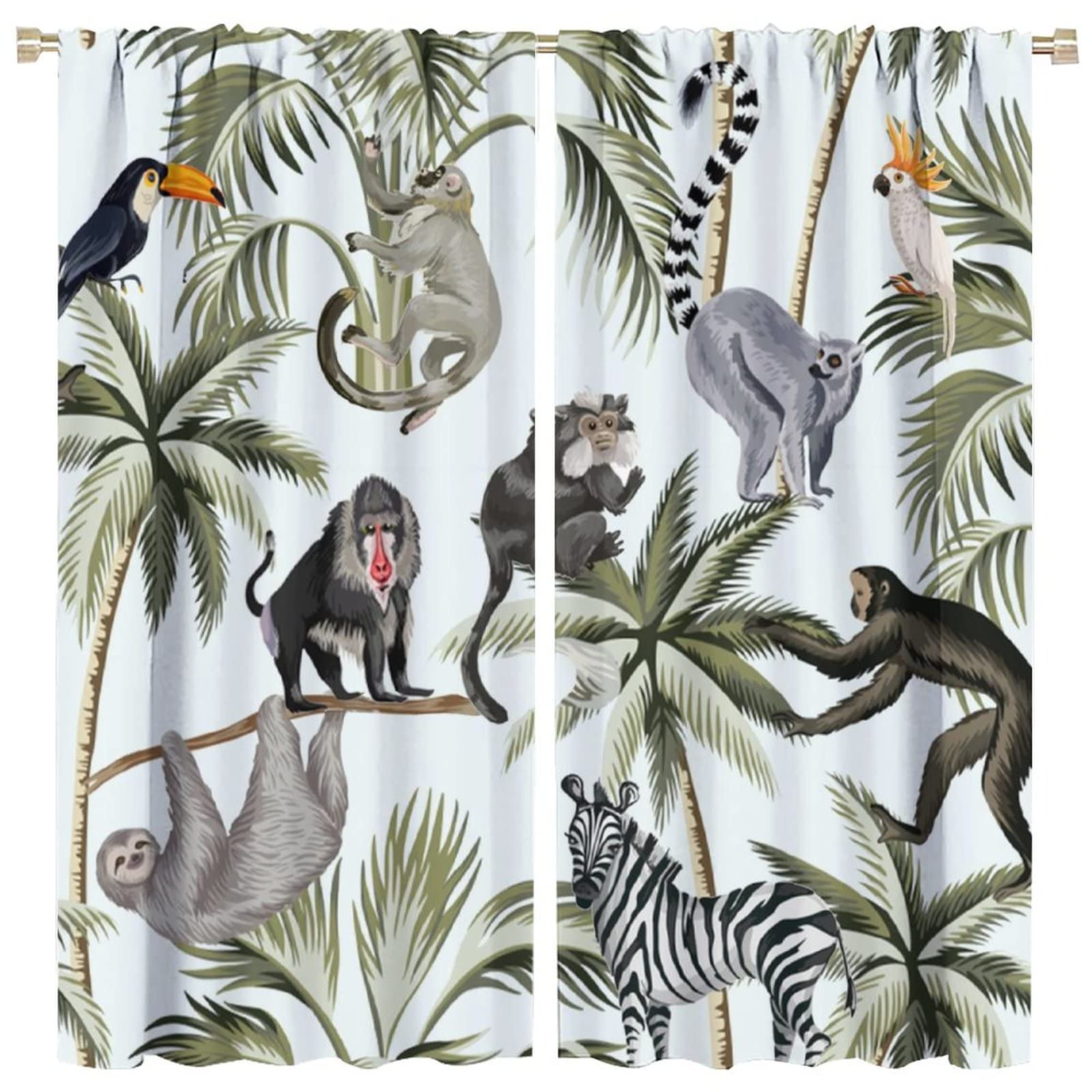 INSFBRB Abstract Wildlife Monkeys Rod Pocket Blackout Curtains,Thermal Insulated Room Darkening Watercolor Woodland Forest Wildlife Monkeys Zebras