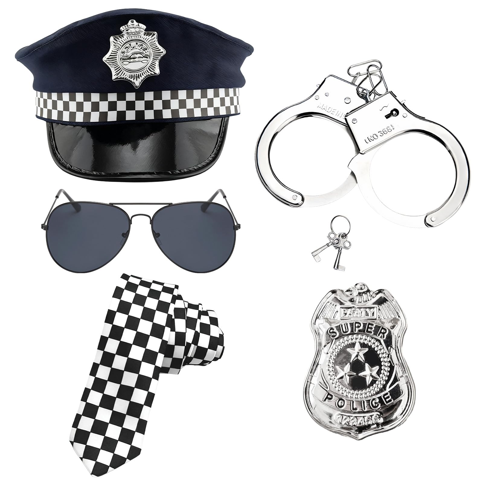 SSKHE Pack of 5 Police Costume Accessories Including Policeman Hat, Metal Handcuffs and Police Badge, Black Sunglasses, Checked Fancy Dress Tie, Carnival Halloween Cop Outfit Fancy Dress for Men Women