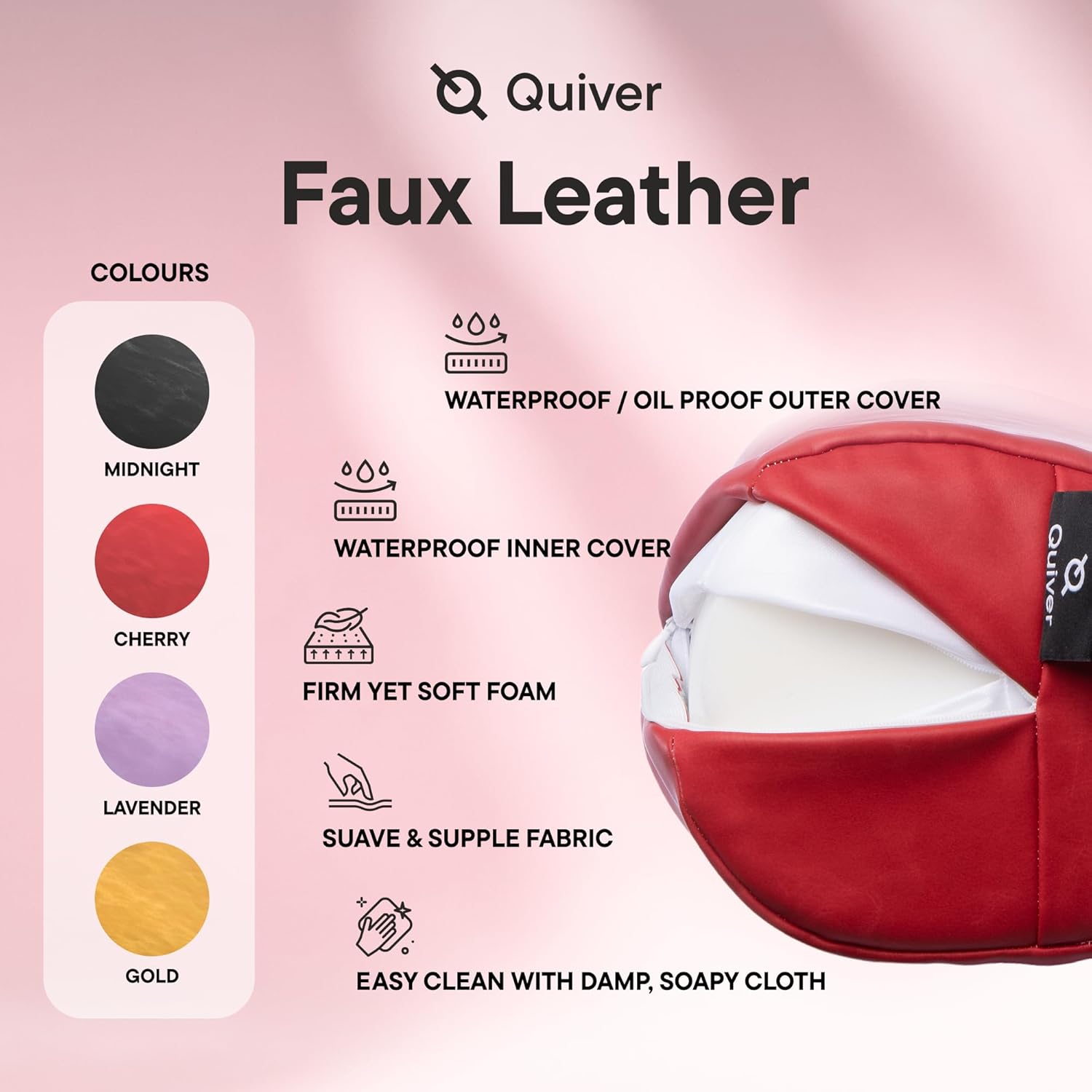 Quiver Edge Intimacy Pillow Vegan/Faux Leather Pillowcase (Foam Pillow Sold Separately) - Colour: Cherry - Faux Leather, Waterproof and Oil Proof