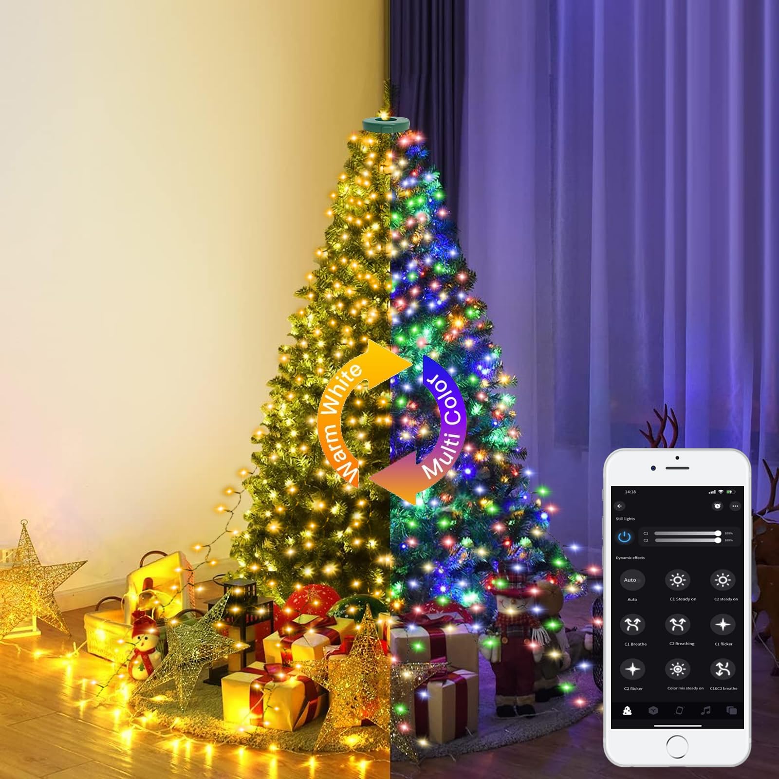 Luces inteligentes para árbol de Navidad con anillo, control de aplicación, sincronización de música, 6.56 pies x 16 líneas, cadena de 400 LED para interiores y exteriores con escenarios de bricolaje
