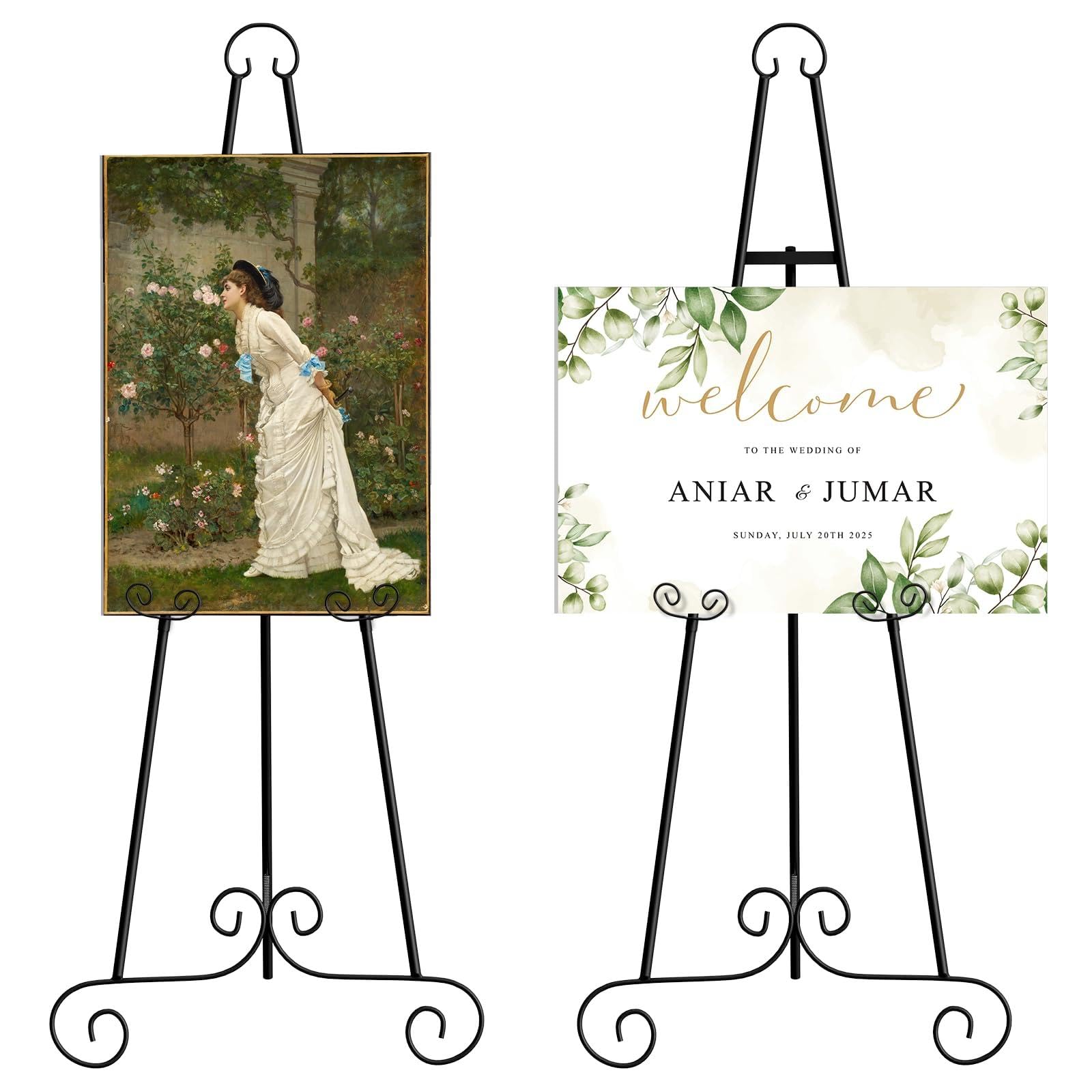 Photo 1 of 2 Pack 46'' Metal Round Tube Scroll Display Easel, Classic Black Decorative Large Adjustable Floor Standing Easel with Chain Support, Perfect for Showcasing Pictures, Artwork, Wedding Sign Etc