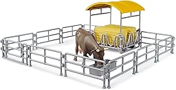 bruder 62612 - Mangiatoia con recinti, trogolo, balle quadrate e 1 bovino - Accessori per fattoria, agricoltura, mucca, giocattoli