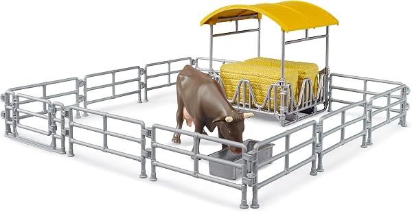 bruder 62612 - Mangiatoia con recinti, trogolo, balle quadrate e 1 bovino - Accessori per fattoria, agricoltura, mucca, giocattoli - 1