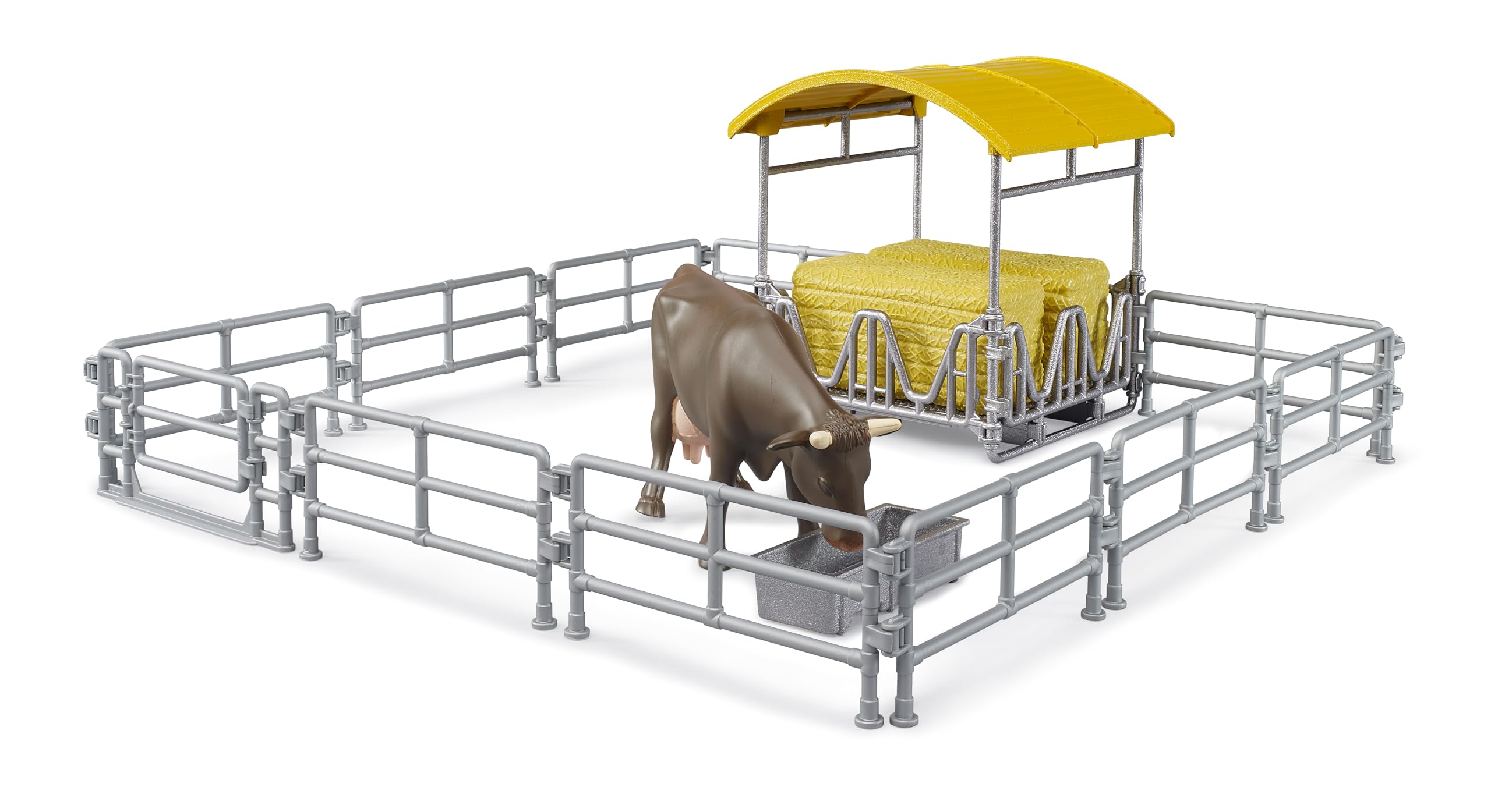 bruder 62612 - Mangiatoia con recinti, trogolo, balle quadrate e 1 bovino - Accessori per fattoria, agricoltura, mucca, giocattoli - 1