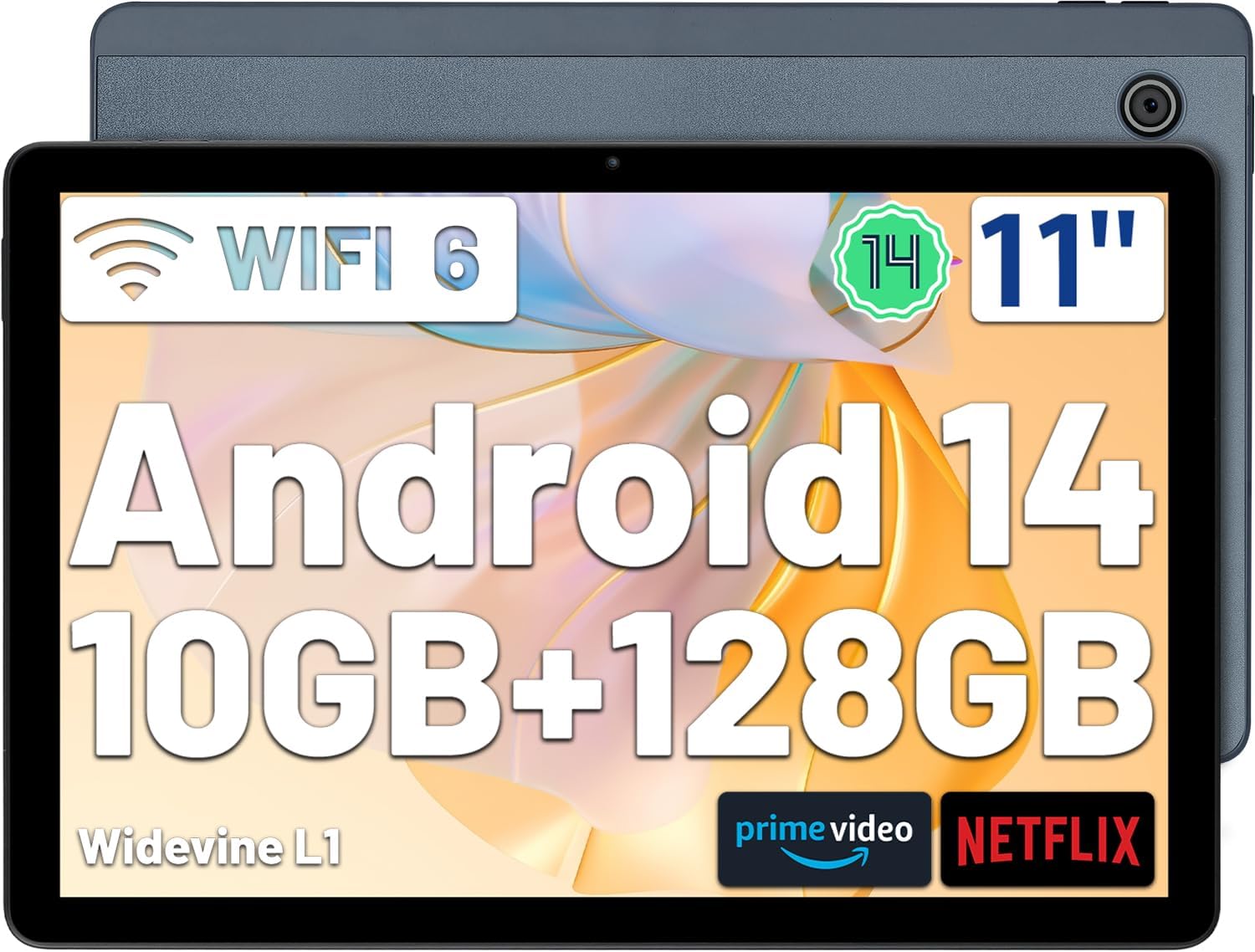 FECLYDET Tablet 11 Inch Android 14 Tablet – 10GB+128GB+1TB Expansion, Tablet with OTG Transfer and Facial Recognition, Octa Core, Widevine L1, WiFi6, BT5.3, 6800mAh, Supports Screen Splitting Gray