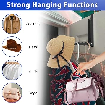 2 Pcs Over The Door Hooks Hanger,Folding Over Door Clothes Drying Laundry Rack Hooks for Hanging Clothes,Over Door Towel Racks with 6 Groves,Hanger for Clothes,Towels for Bedroom Bathroom (Black)