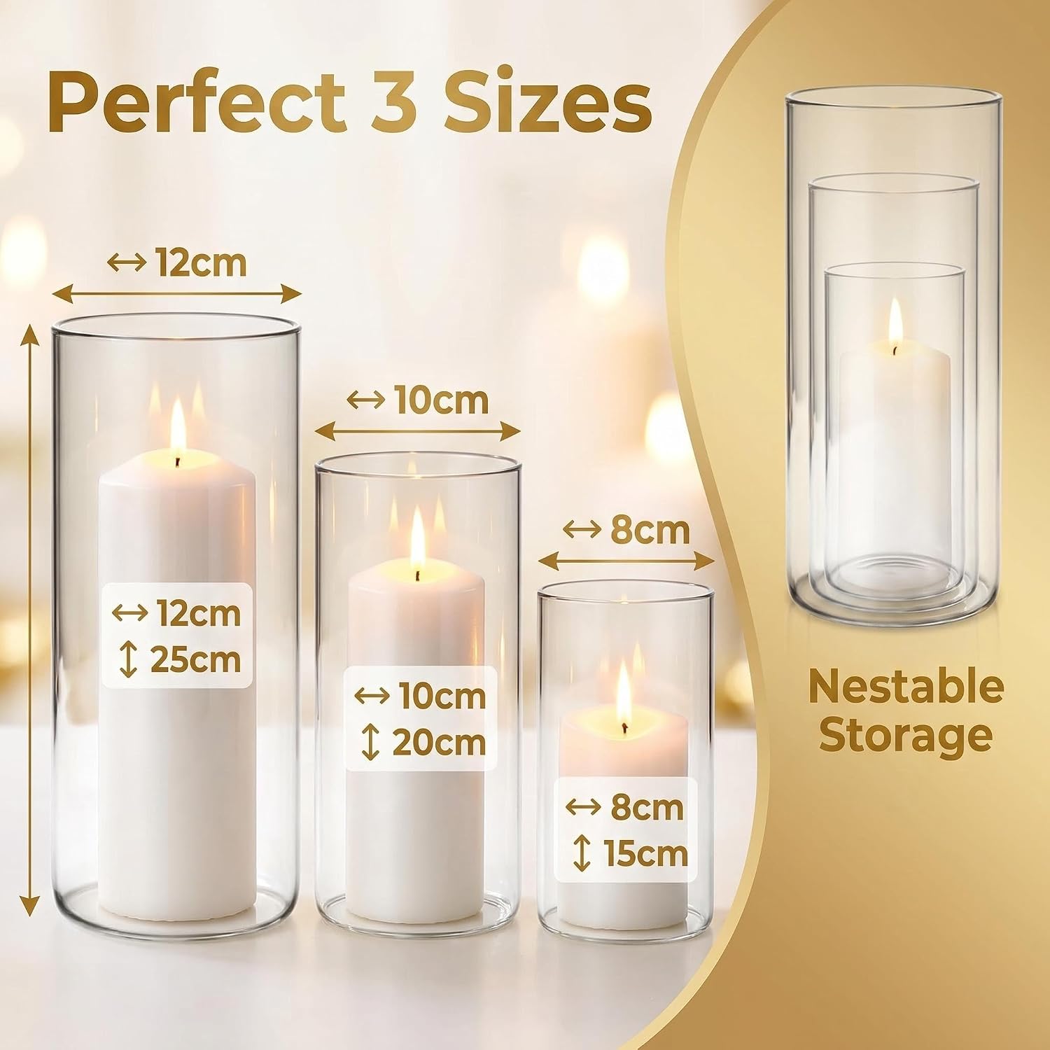 Hurricane Candle Holders, Clear Glass Cylinder Centerpieces Vases, Pillar Candle Sleeves for Wedding, Table Decoration Centerpiece Floral Room Home, Dining Room Decor 3 Pieces