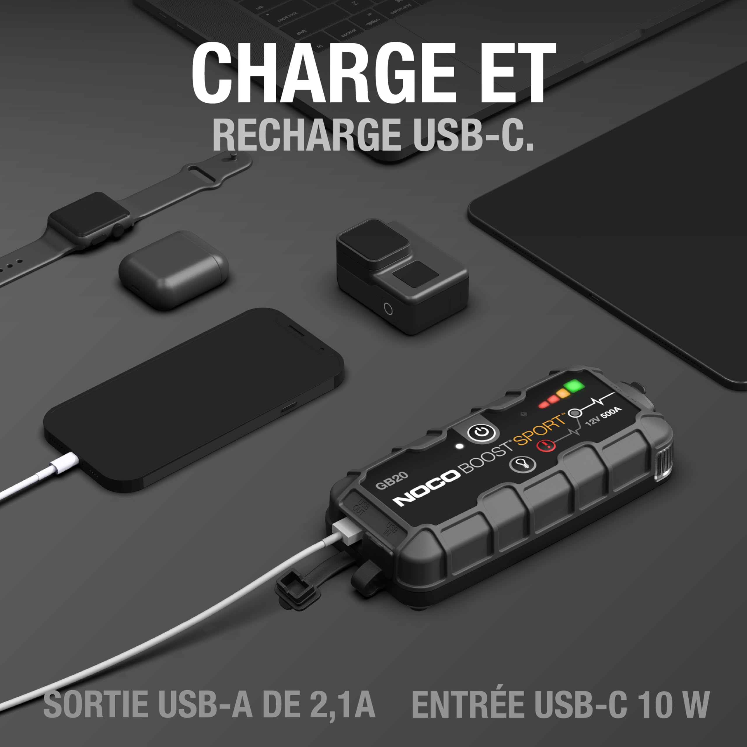 NOCO Boost GB20: Booster Batterie UltraSafe 500A – Démarreur Lithium 12V Portable avec Powerbank et Chargeur USB – pour Moteurs Essence 4,0L