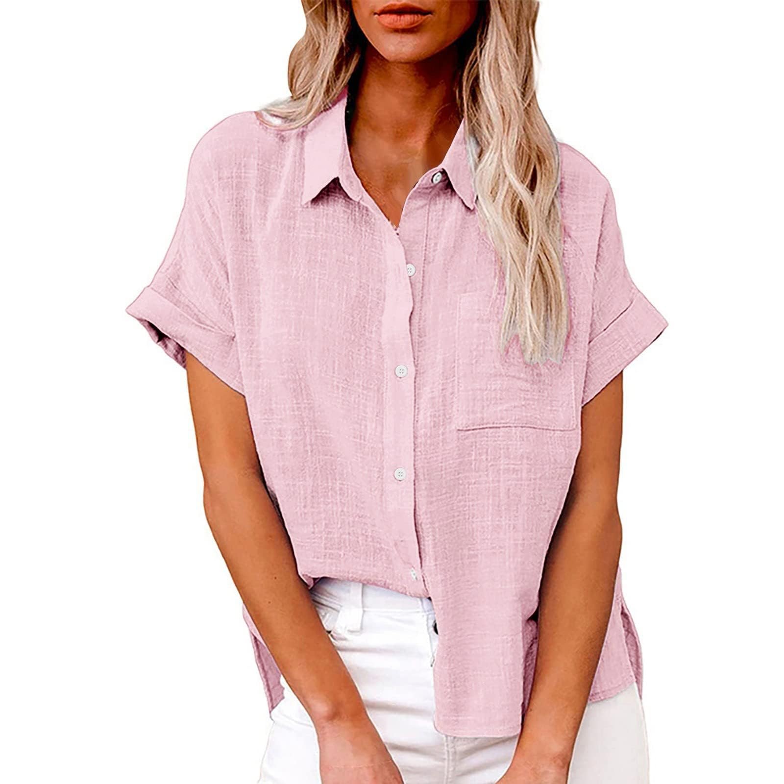 Womens Cotton Linen Shirts V Neck Roll Up Tops Button Down Short Sleeve Loose Shirt Summe…