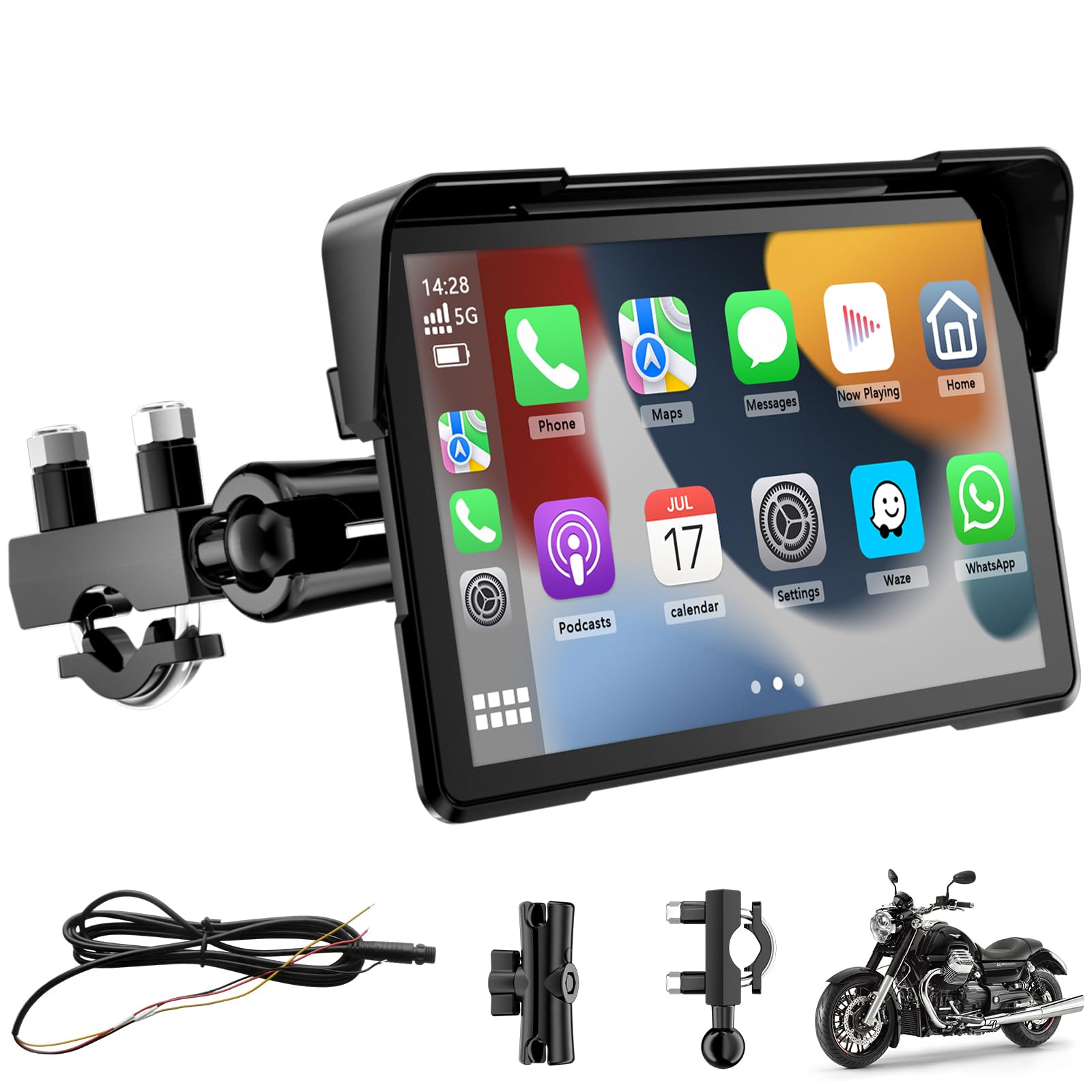 7 Pulgadas Pantalla Carplay de Motocicleta, IPX67 Impermeable, para CarPlay y Android Auto con Bluetooth Dual, Control de Voz, GPS, Detección de presión de neumáticos