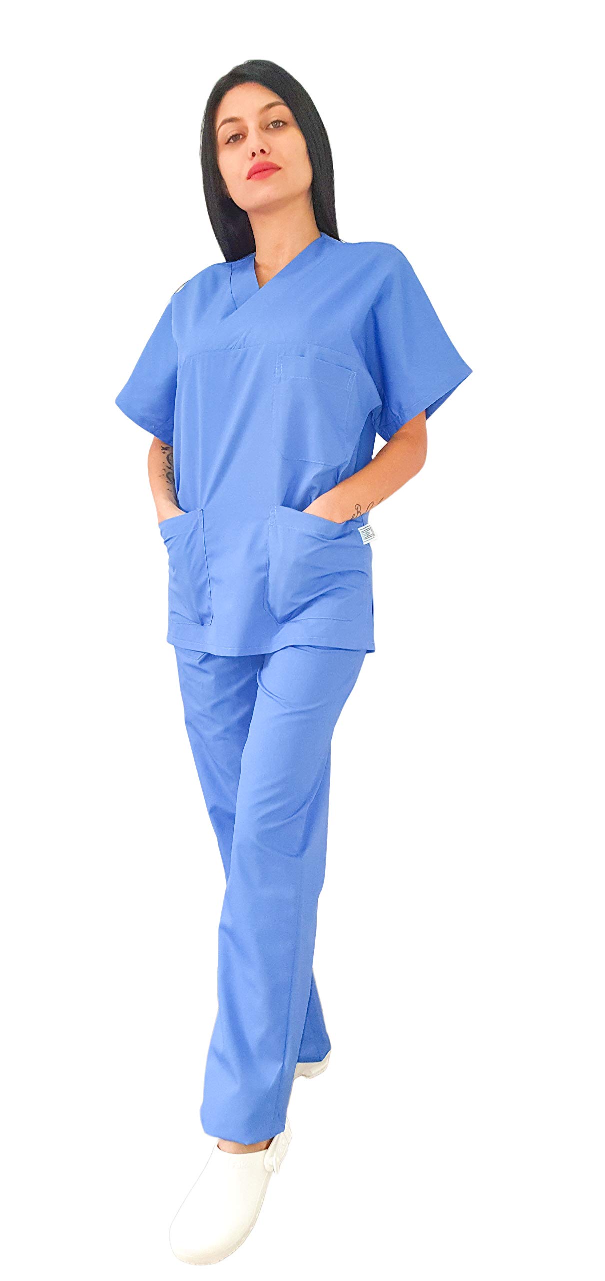 Tecno Hospital - Chaqueta hospitalaria - Ideal para Operadores Sanitarios, estéticas, enfermeras, médicos, para personal de laboratorio, etc - Casaca con escote en V - Unisex azul claro 6XL