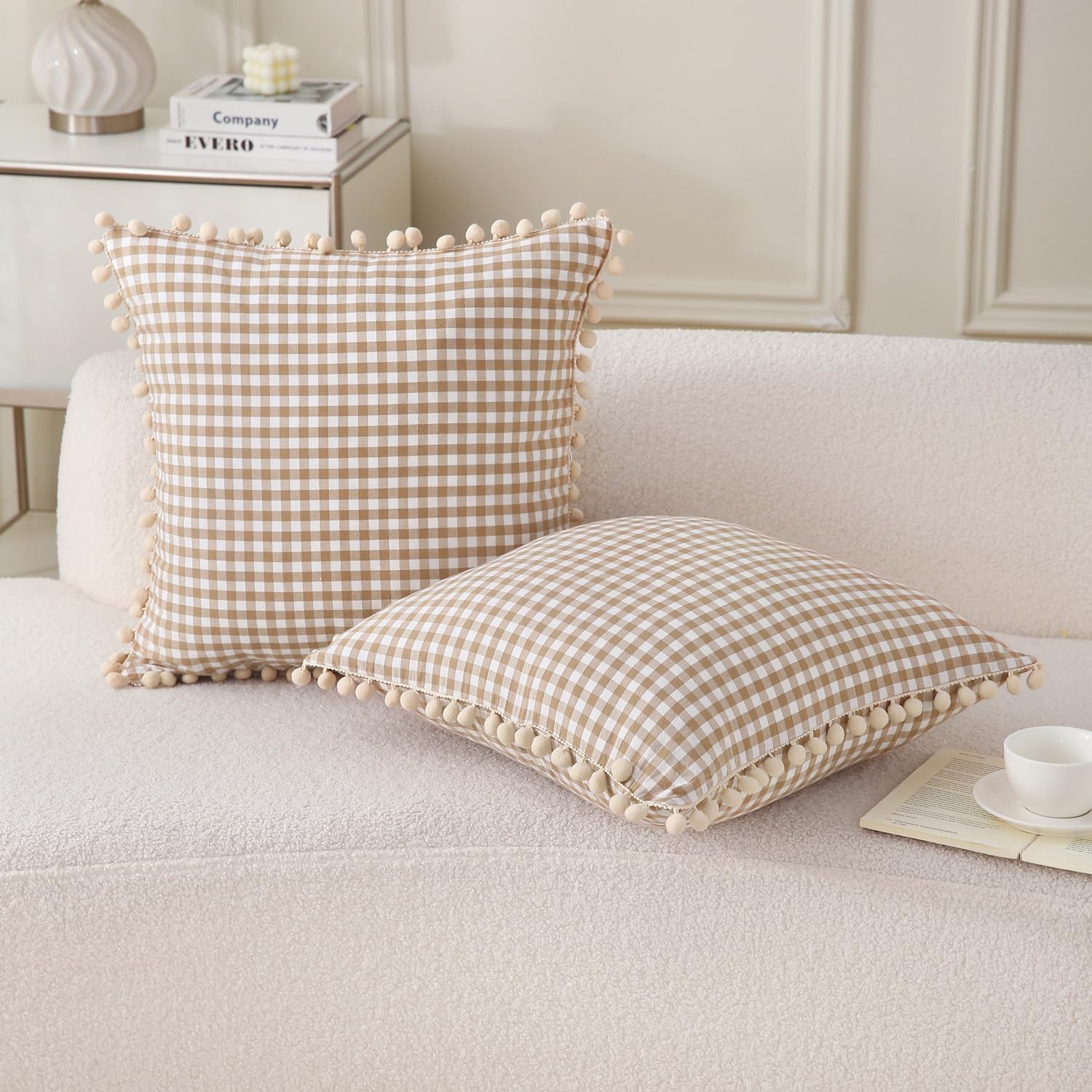 Mywinlle Taupe Gingham Pompom Decorative Throw Pillow Covers for Couch,2 Pack Vintage Checkered Washed Cotton Plaid Pillowcases for Bed, Sofa, Living Room-18"x18"