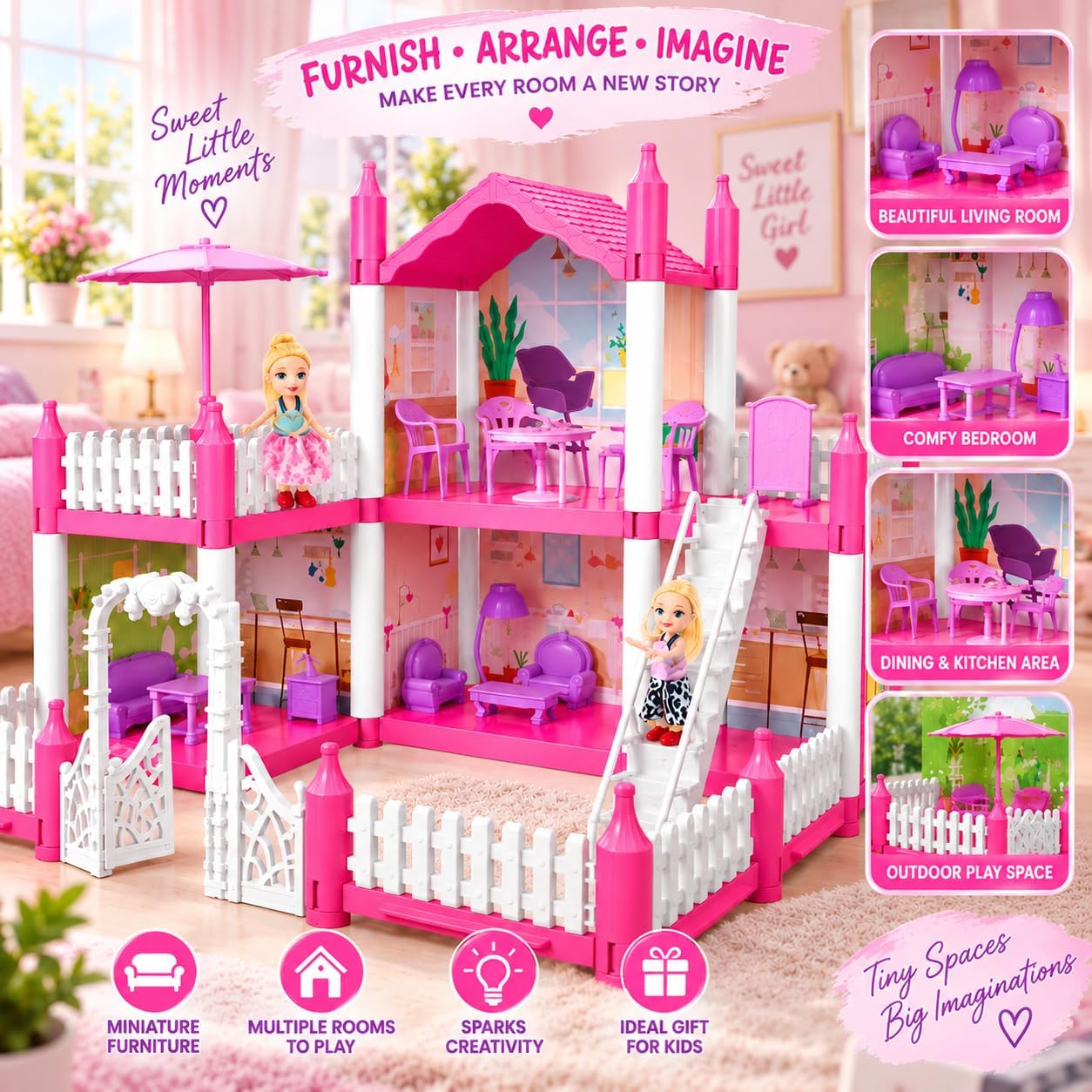 Pink Doll House - 4 Room Castle Playset -7 Pink Doll House - 4 Room Castle Playset -7