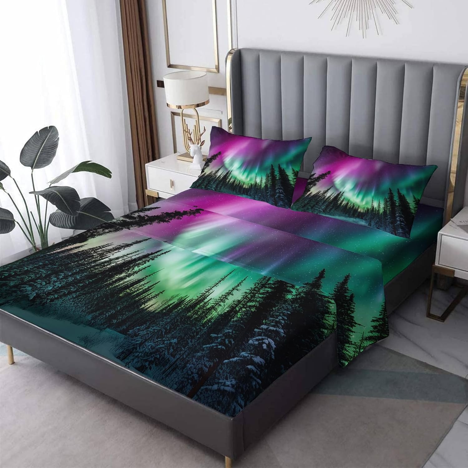 King Size Sheets Set - Northern Lights Bed Sheets, Aurora Borealis Bedding Sheets & Pillowcases, Soft Microfiber & Deep Pocket & Wrinkle Free Sheet Set, 1 Fitted Sheet, 1 Flat Sheet, 2 Pillow Cases