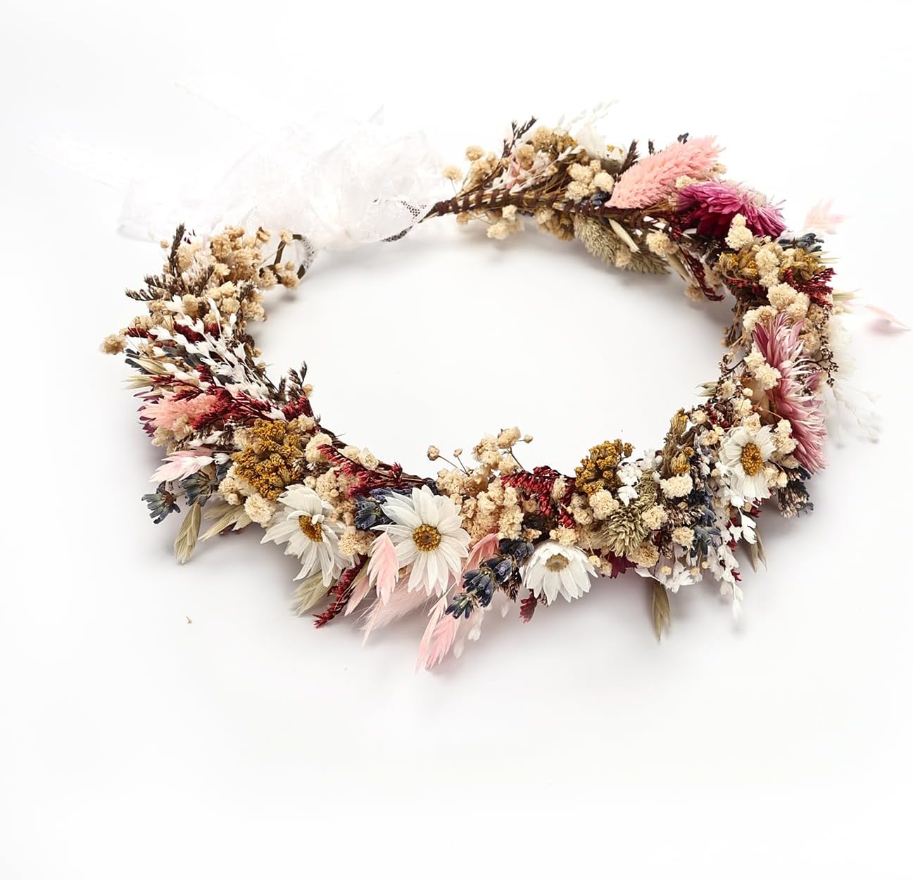 Rustic Preserved Dried Flower Crown Natural Floral Headband with Daisy Cream Mixed Flowers for Women Maternity Brides Bridesmaids Flower Girls Family Photography